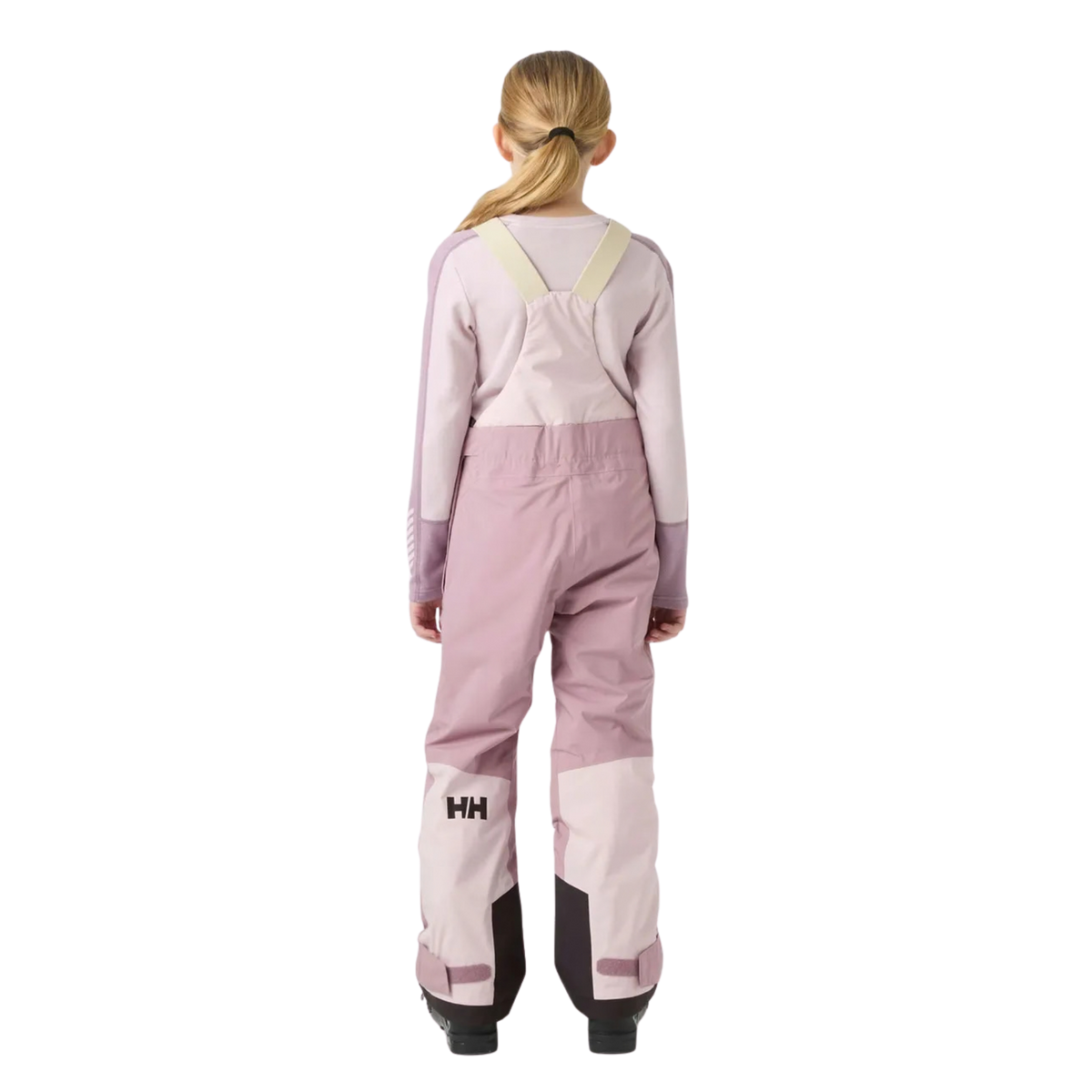 Rear view of Helly Hansen Jr Stellar Bib Pants with adjustable suspenders, reinforced lower legs and insulated winter construction