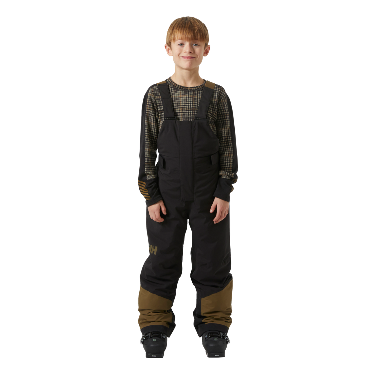 Front view of Helly Hansen Jr Summit 2.0 Bib Pants in Black with HELLY TECH Performance, 80g insulation and adjustable suspenders