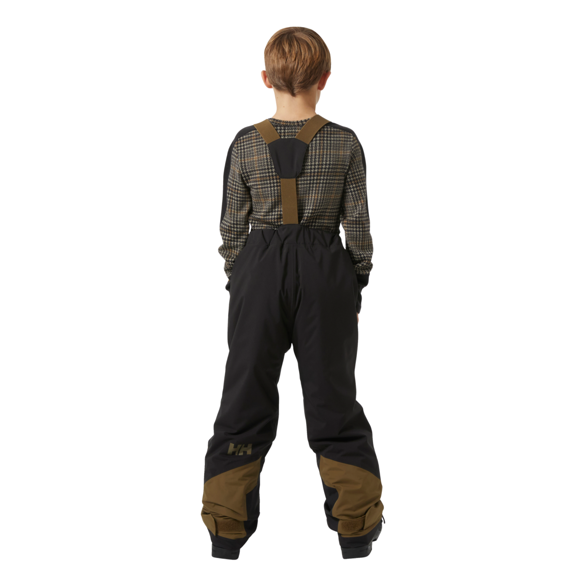 Rear view of Helly Hansen Jr Summit 2.0 Bib Pants with adjustable elastic suspenders, insulated construction and unisex fit