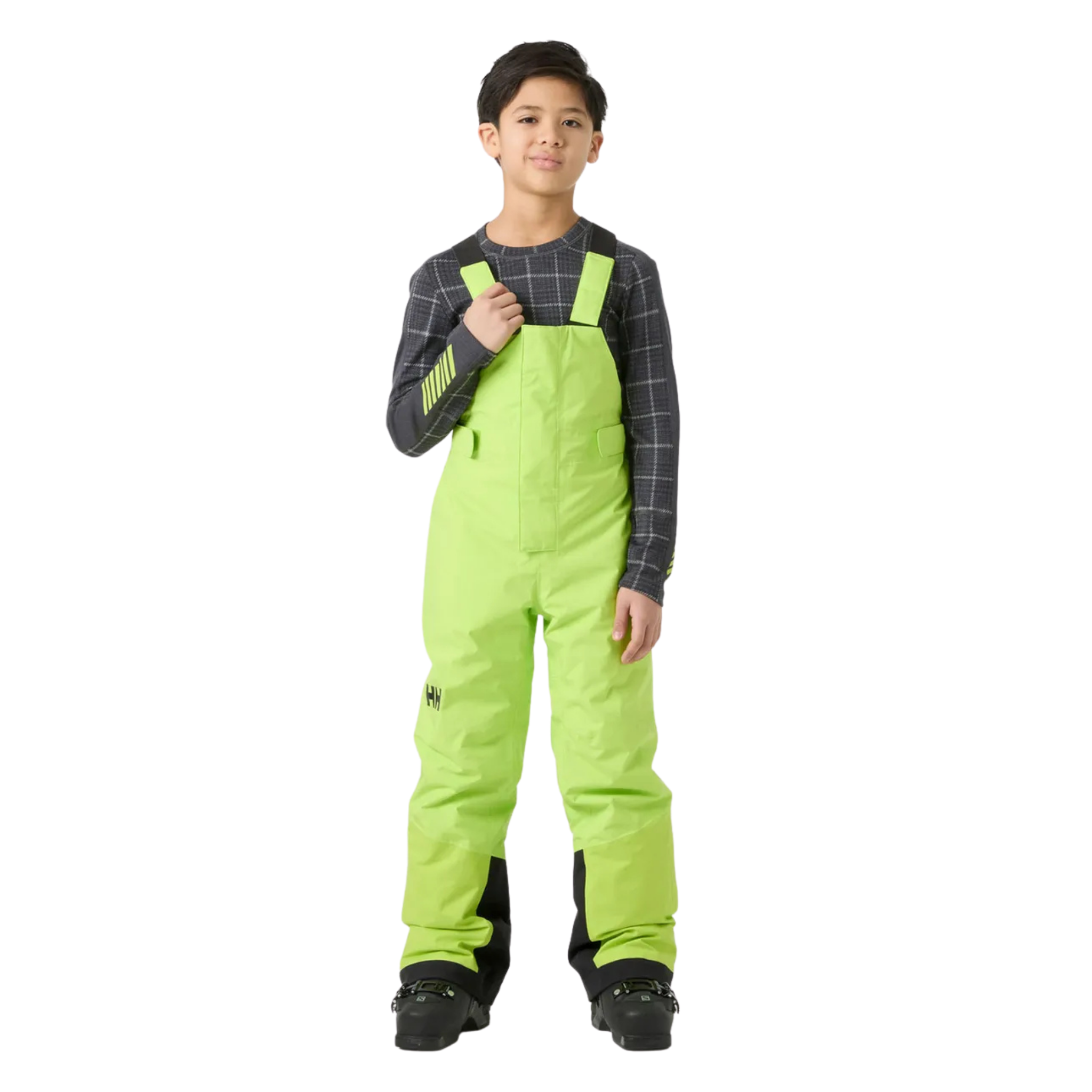 Front view of Helly Hansen Jr Summit 2.0 Bib Pants in Luminous Green with HELLY TECH Performance, 80g insulation and adjustable suspenders