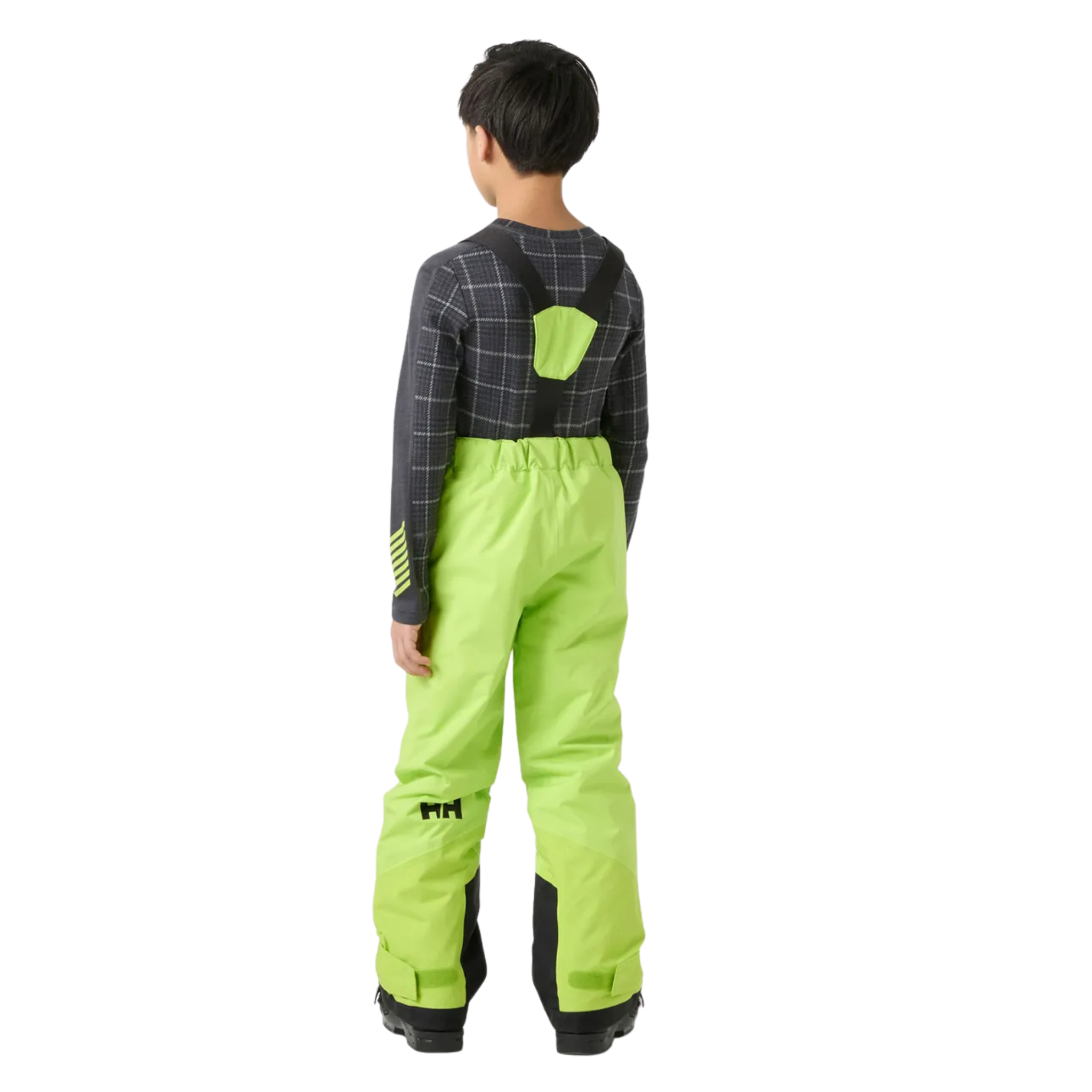 Rear view of Helly Hansen Jr Summit 2.0 Bib Pants with adjustable elastic suspenders, insulated construction and unisex fit