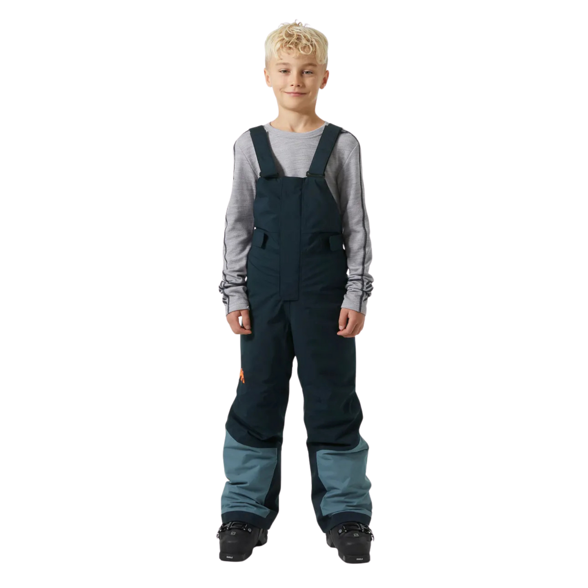 Front view of Helly Hansen Jr Summit 2.0 Bib Pants in Navy with HELLY TECH Performance, 80g insulation and adjustable suspenders
