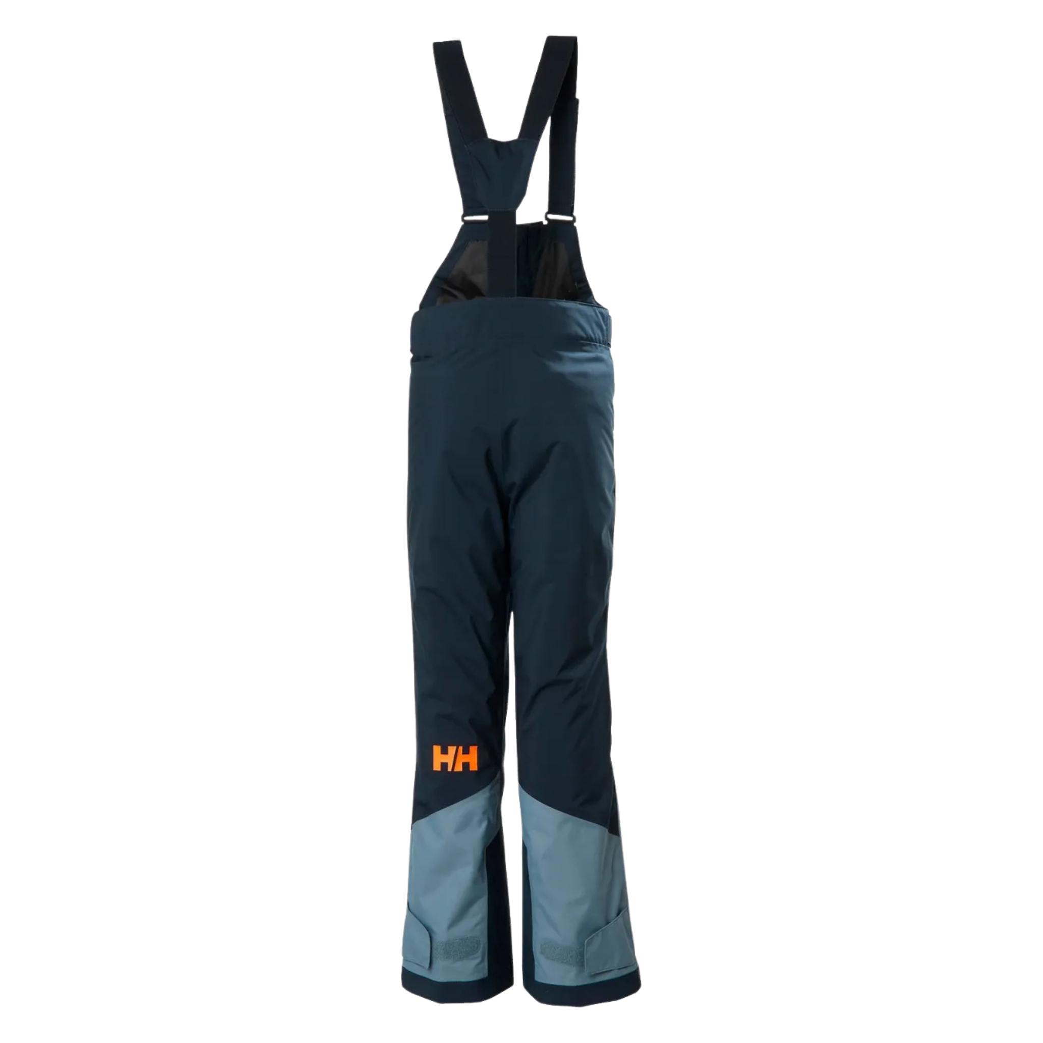 Rear view of Helly Hansen Jr Summit 2.0 Bib Pants in Navy with adjustable elastic suspenders, insulated construction and unisex fit