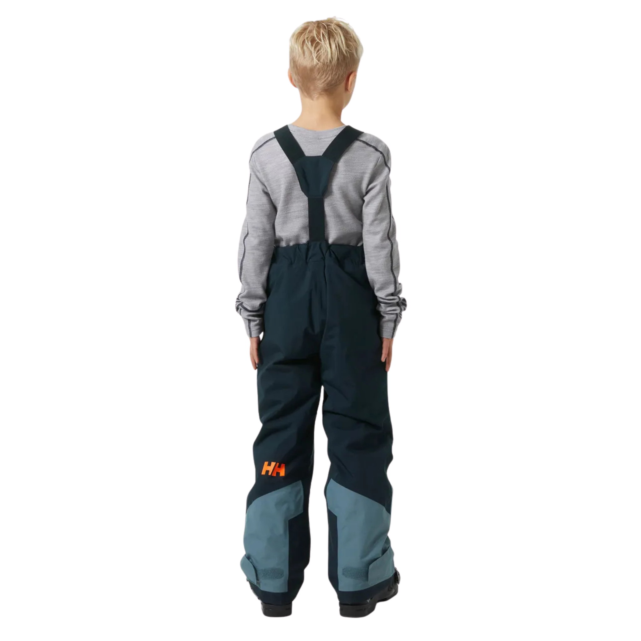 Rear view of Helly Hansen Jr Summit 2.0 Bib Pants with adjustable elastic suspenders, insulated construction and unisex fit