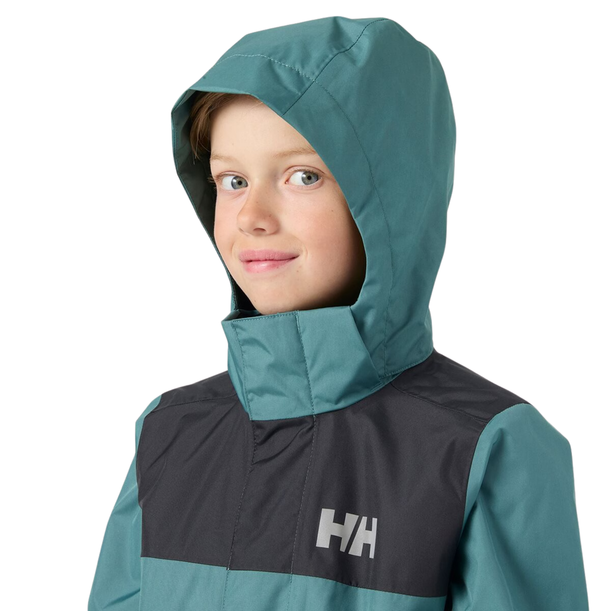 Helly Hansen Jr Vancouver Rain Jacket in Opal Green with detachable hood and waterproof breathable HELLY TECH Protection construction