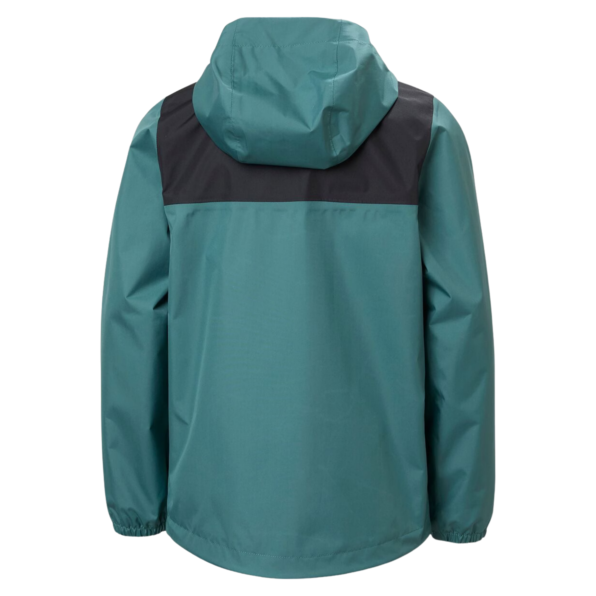 Rear view of Helly Hansen Jr Vancouver Rain Jacket in Opal Green with drop-tail hem and fully seam-sealed waterproof construction