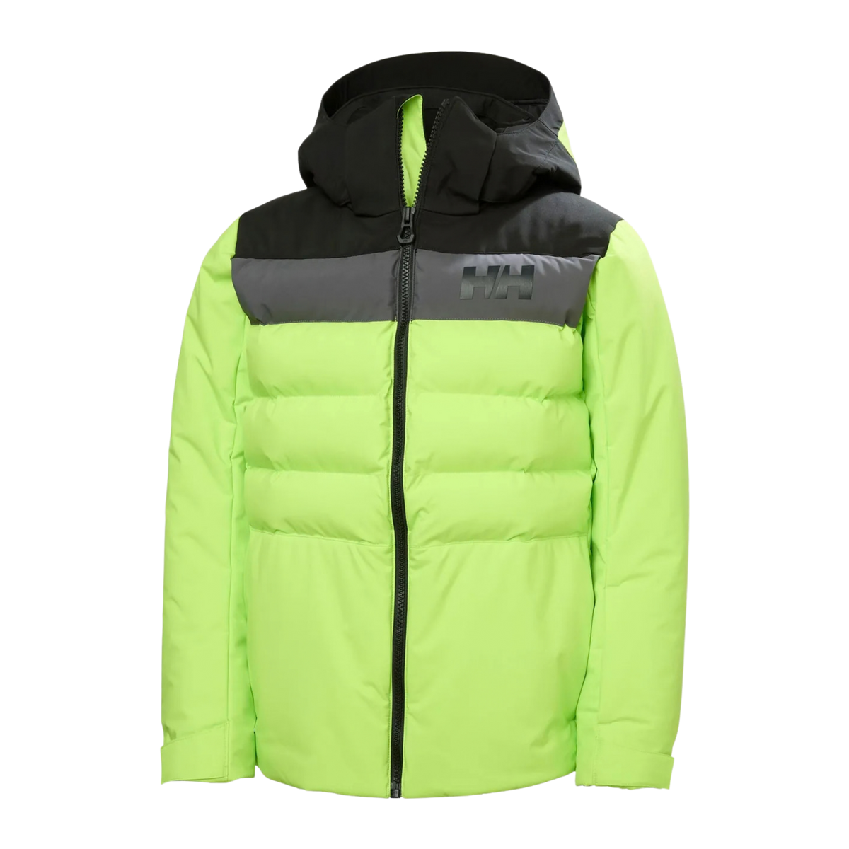 Helly Hansen Junior Cyclone Jacket in Luminous Green with water-repellent shell, PrimaLoft BLACK insulation, detachable hood, RECCO reflector and powder skirt