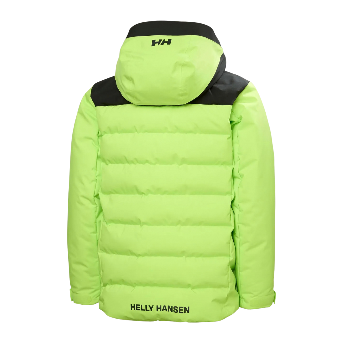 Rear view of Helly Hansen Junior Cyclone Jacket in Luminous Green with medium blowable synthetic insulation and detachable hood