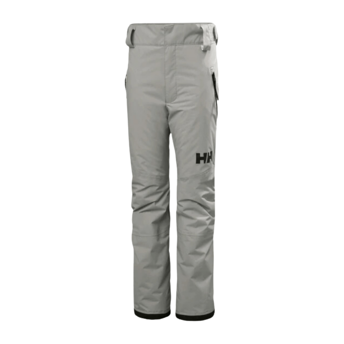 Helly Hansen Junior Legendary Pants in Concrete color with waterproof HELLY TECH Performance, 100g PrimaLoft BLACK Eco insulation, RECCO reflector and boot gaiters