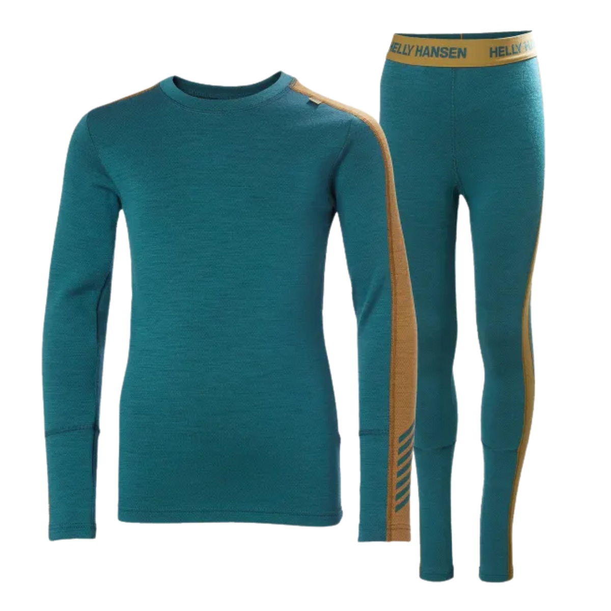 Helly Hansen Junior Lifa Merino Midweight Set in Dark Creek color with 2-layer LIFA moisture-wicking technology, warm Merino wool and flatlock seams