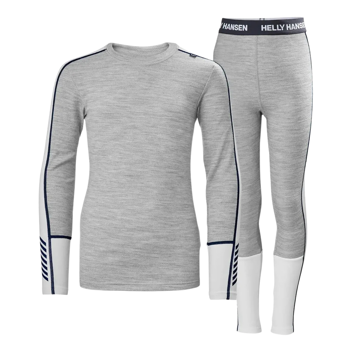 Helly Hansen Junior Lifa Merino Midweight Set in Grey Melange with 2-layer LIFA moisture-wicking technology, warm Merino wool and flatlock seams