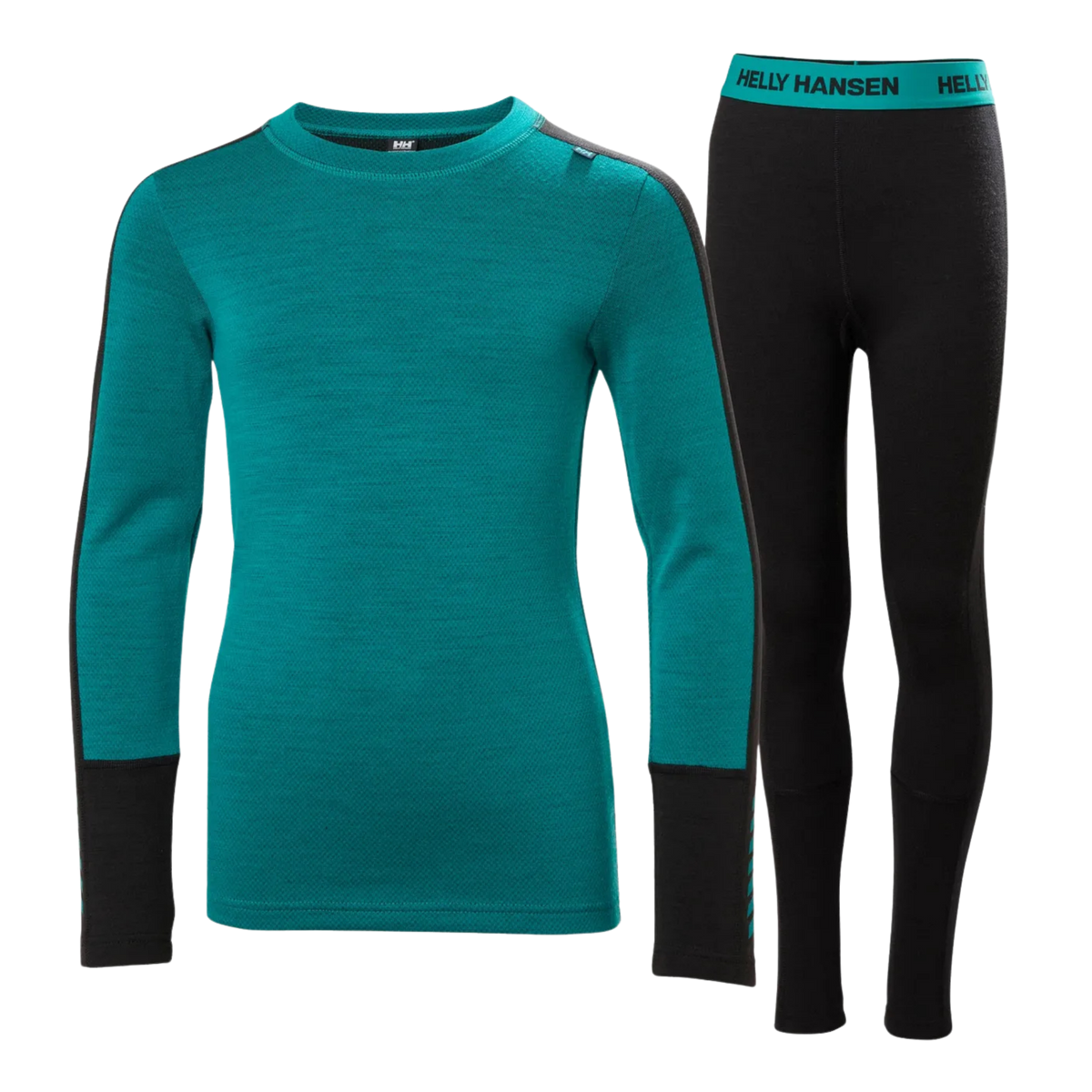 Helly Hansen Junior Lifa Merino Midweight Set in Signal Green with 2-layer LIFA moisture-wicking technology, warm Merino wool and flatlock seams
