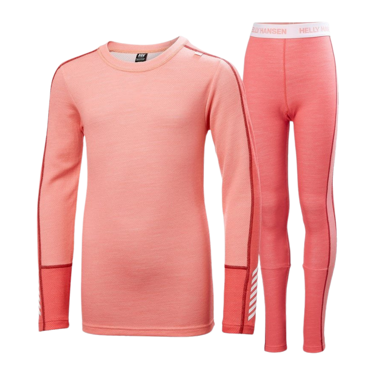 Helly Hansen Junior Lifa Merino Midweight Set in Sunset Pink with 2-layer LIFA moisture-wicking technology, warm Merino wool and flatlock seams