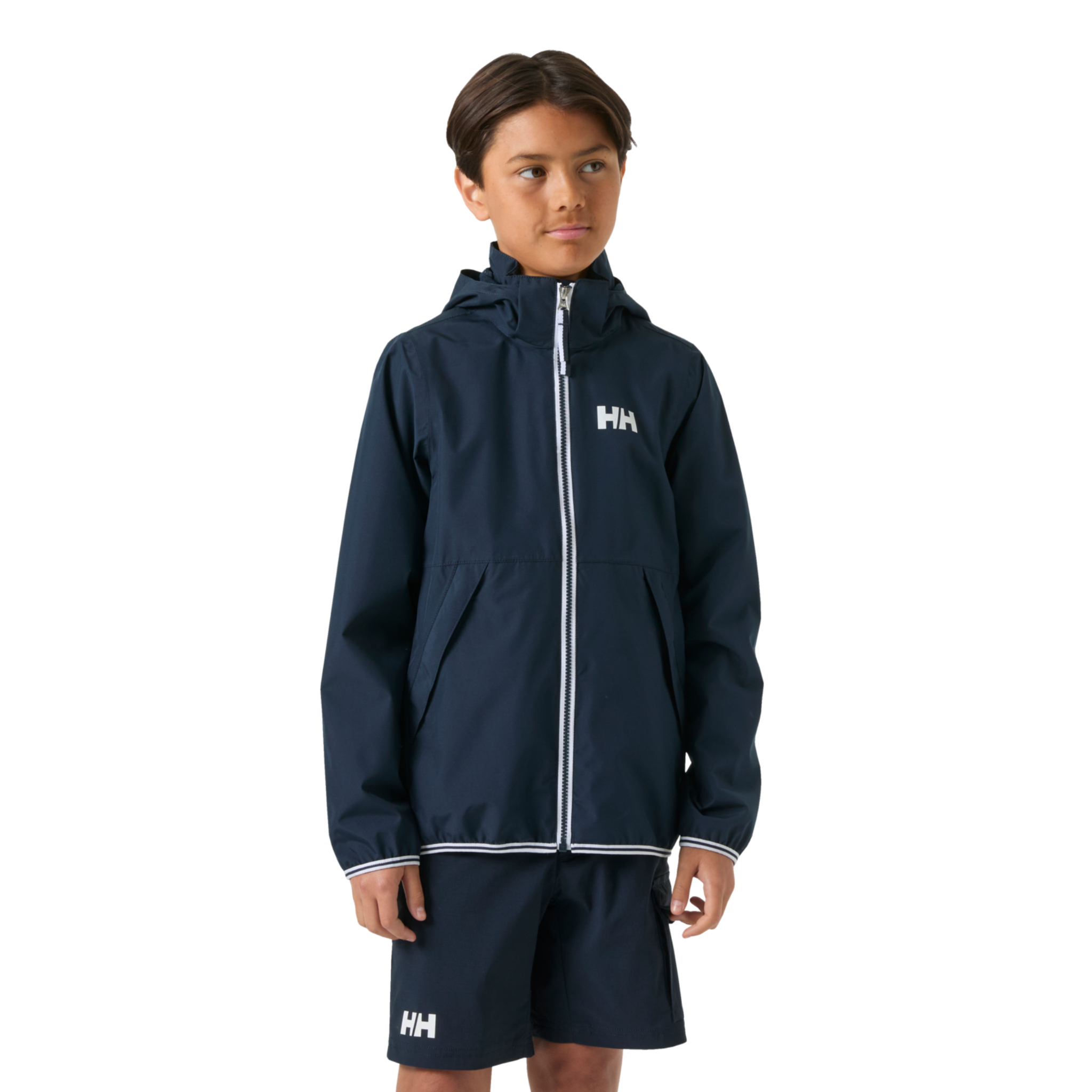 Front view of Helly Hansen Juniors Koster Rain Jacket in Navy with lightweight waterproof construction, elastic cuffs and removable hood