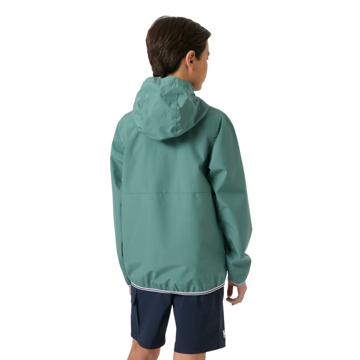 Rear view of Helly Hansen Juniors Koster Rain Jacket in Opal with lightweight breathable and windproof rain protection