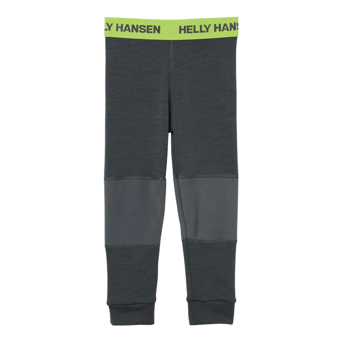 Front view of Helly Hansen Kids Graphic LIFA Merino base layer pants in Thunder Grey with comfortable elastic waistband