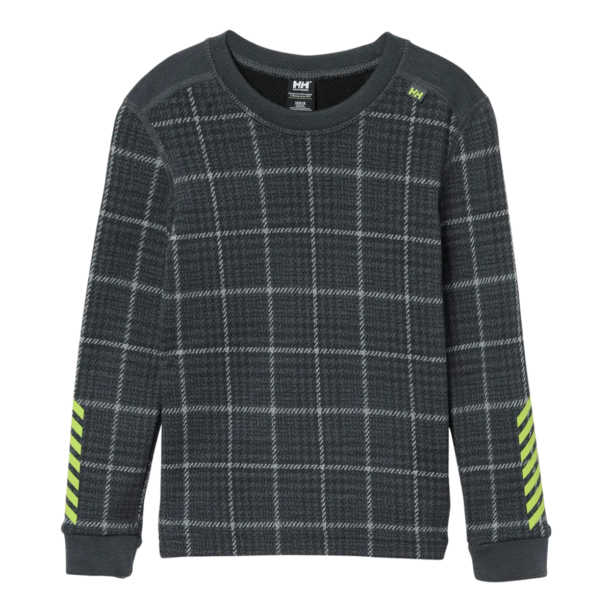 Front view of Helly Hansen Kids Graphic LIFA Merino top in Thunder Grey with crew neck, printed graphic and 57% Merino wool fabric