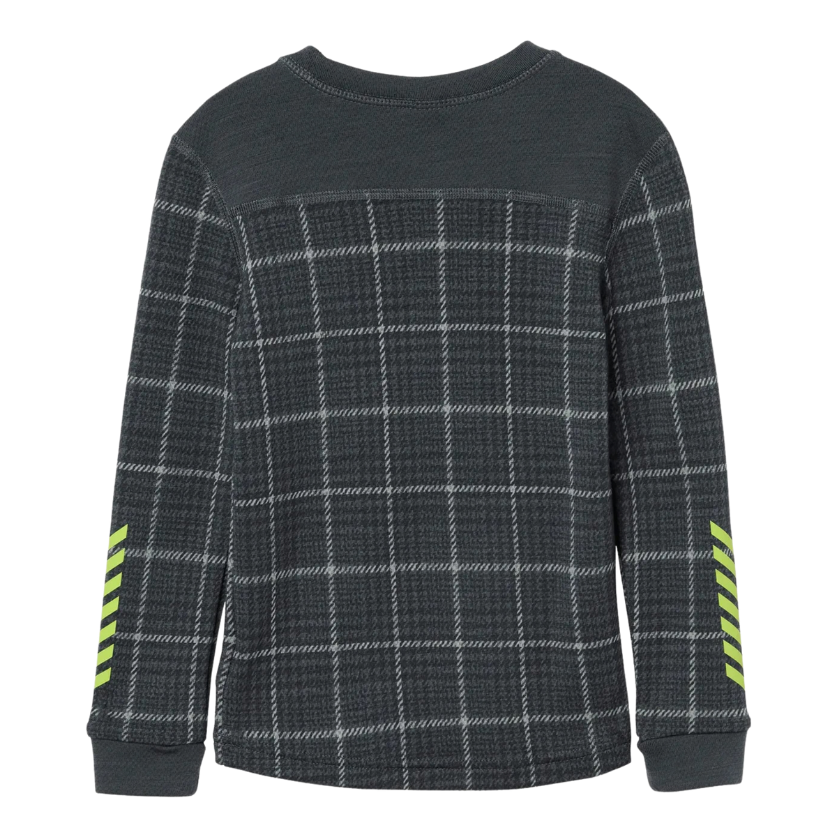 Rear view of Helly Hansen Kids Graphic LIFA Merino top in Thunder Grey with drop-tail hem and comfortable flatlock seam construction