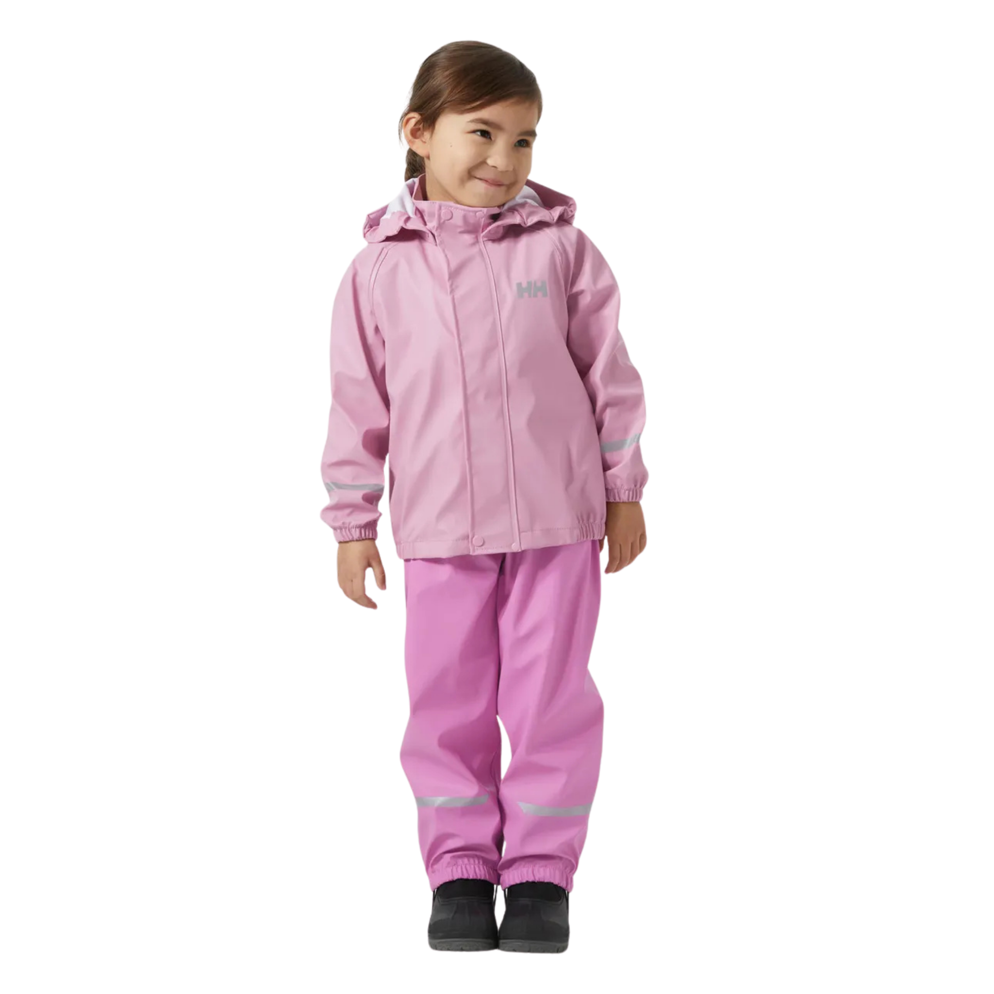 Front view of Helly Hansen Kids Bergen 2.0 Rain Set in Meta Pink with waterproof jacket, bib pants and adjustable suspenders