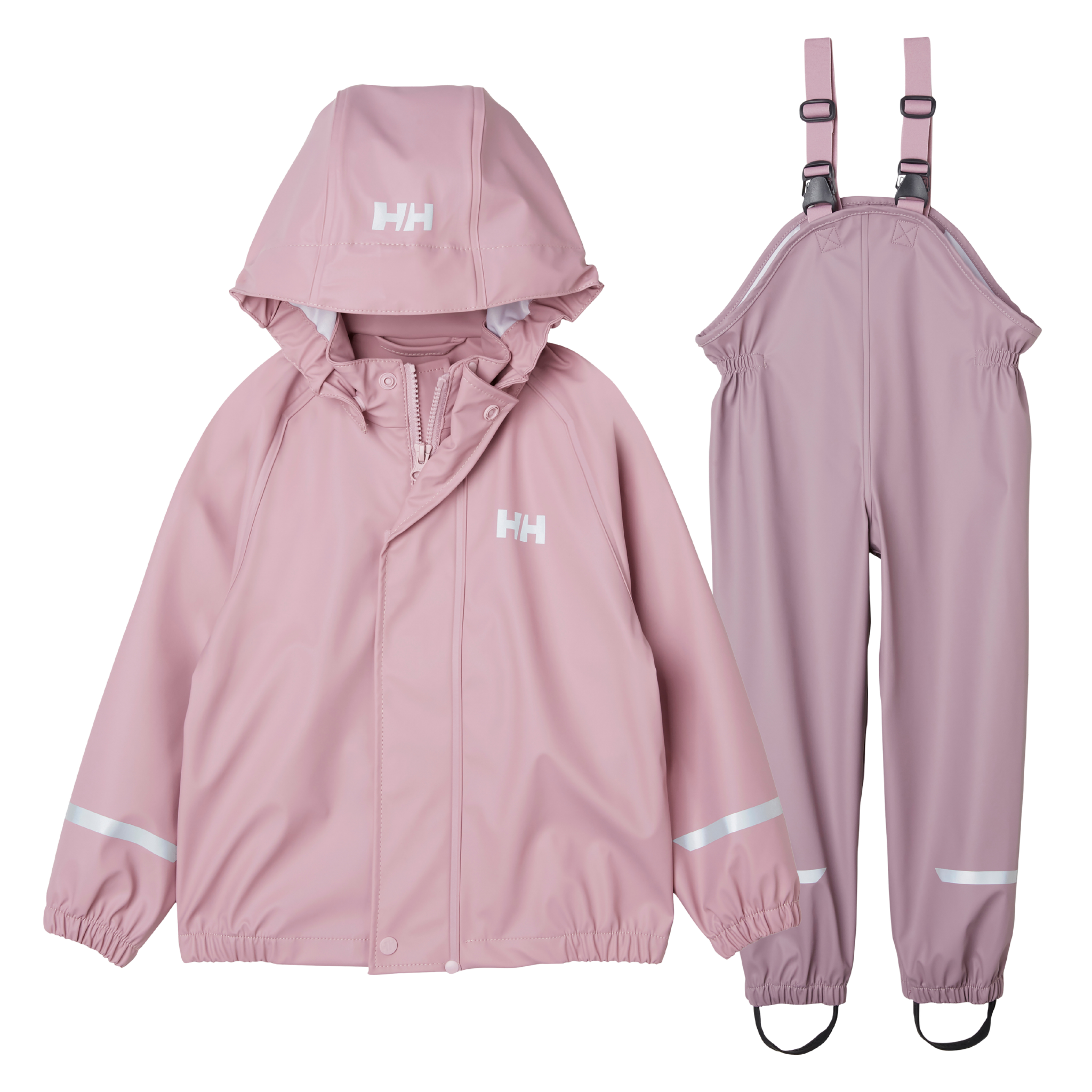 Helly Hansen Kids Bergen 2.0 Rain Set in Meta Pink with waterproof HELOX+ fabric, welded seams, jacket and bib overalls