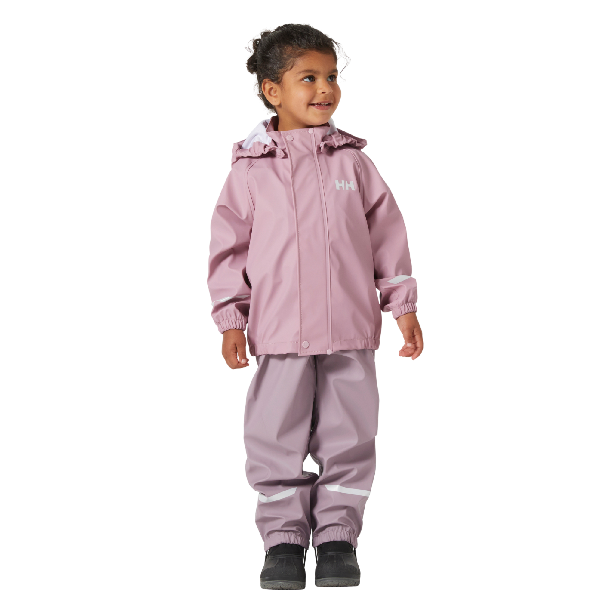 Front view of Helly Hansen Kids Bergen 2.0 Rain Set in Meta Pink with waterproof jacket, bib pants and adjustable suspenders