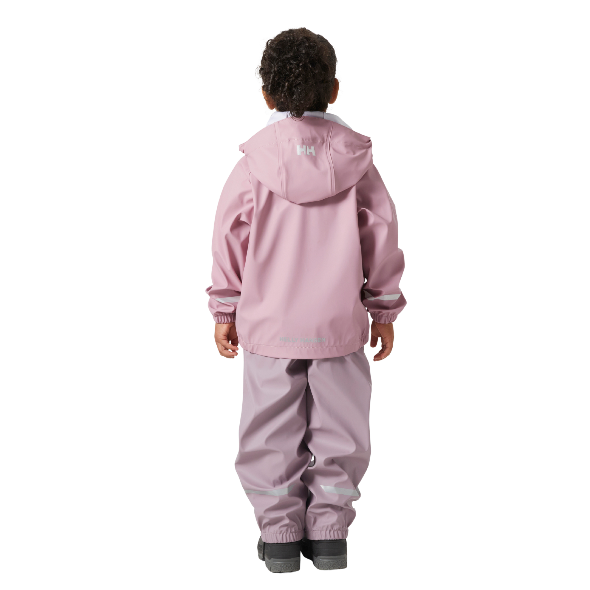 Rear view of Helly Hansen Kids Bergen 2.0 Rain Set in Meta Pink with HELOX+ waterproof construction and reflective details