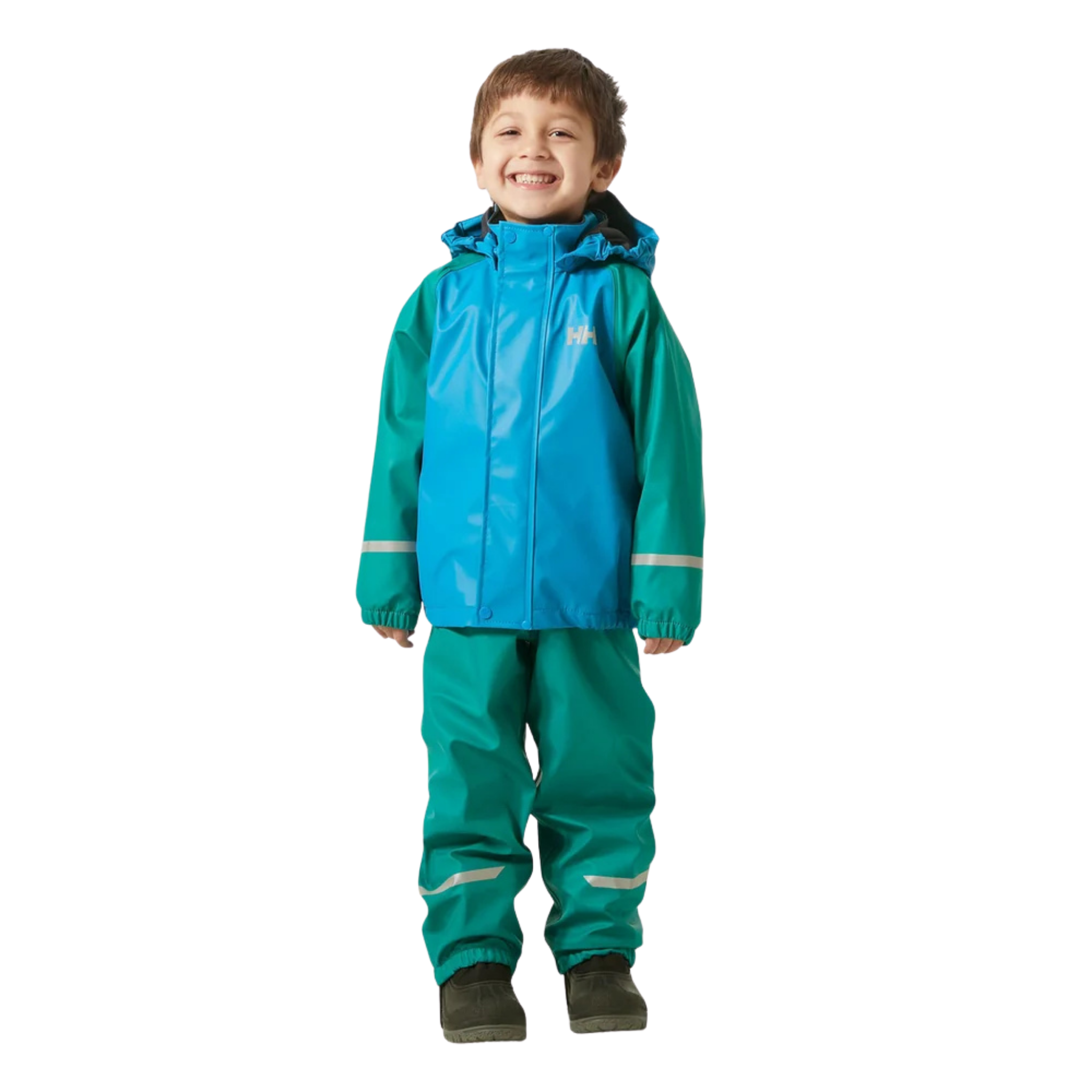 Front view of Helly Hansen Kids Bergen 2.0 Rain Set in Signal Green with waterproof jacket, bib pants and adjustable suspenders