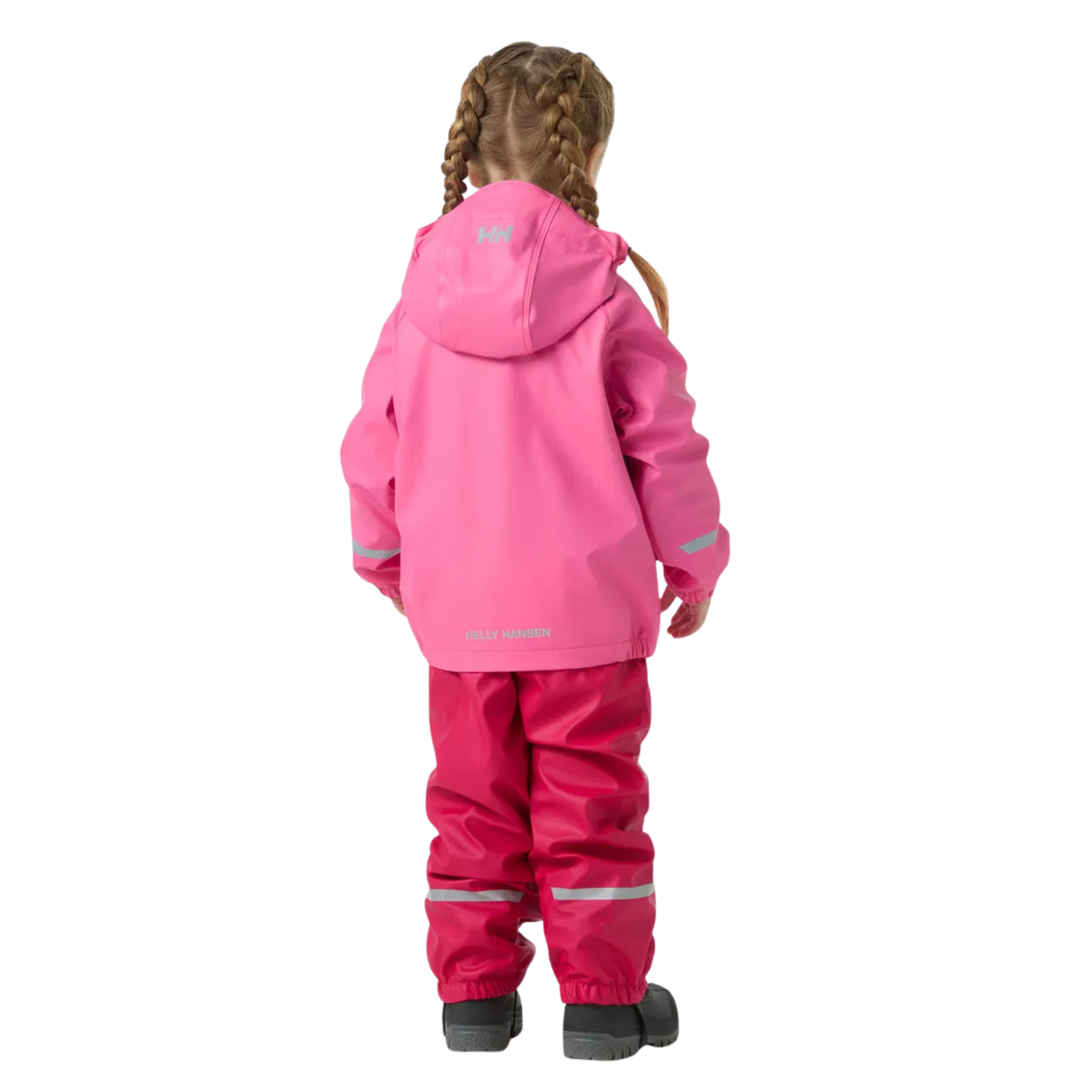 Rear view of Helly Hansen Kids Bergen Fleece-Lined Rain Set 2.0 in Cranberry with waterproof windproof HELOX+ construction and reflective details