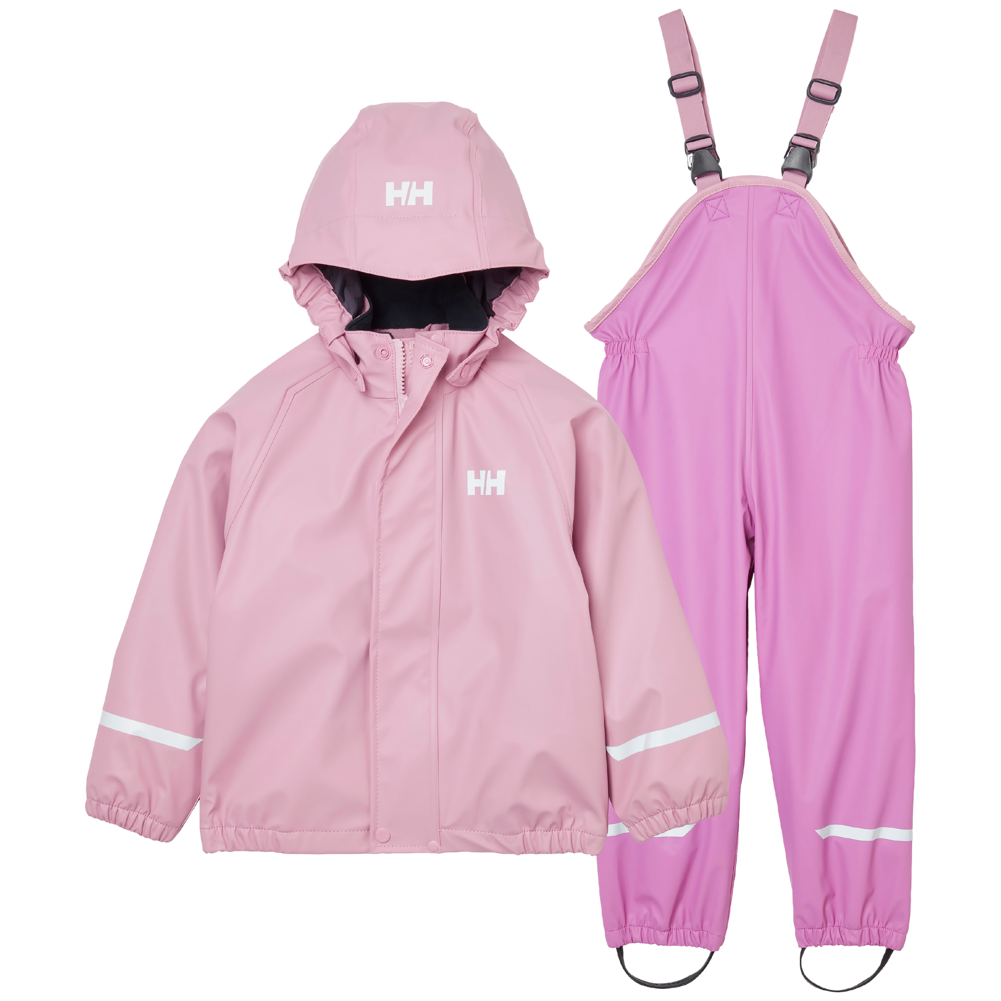Helly Hansen Kids Bergen Fleece-Lined Rain Set 2.0 in Meta Pink with waterproof HELOX+ technology, welded seams and warm fleece lining