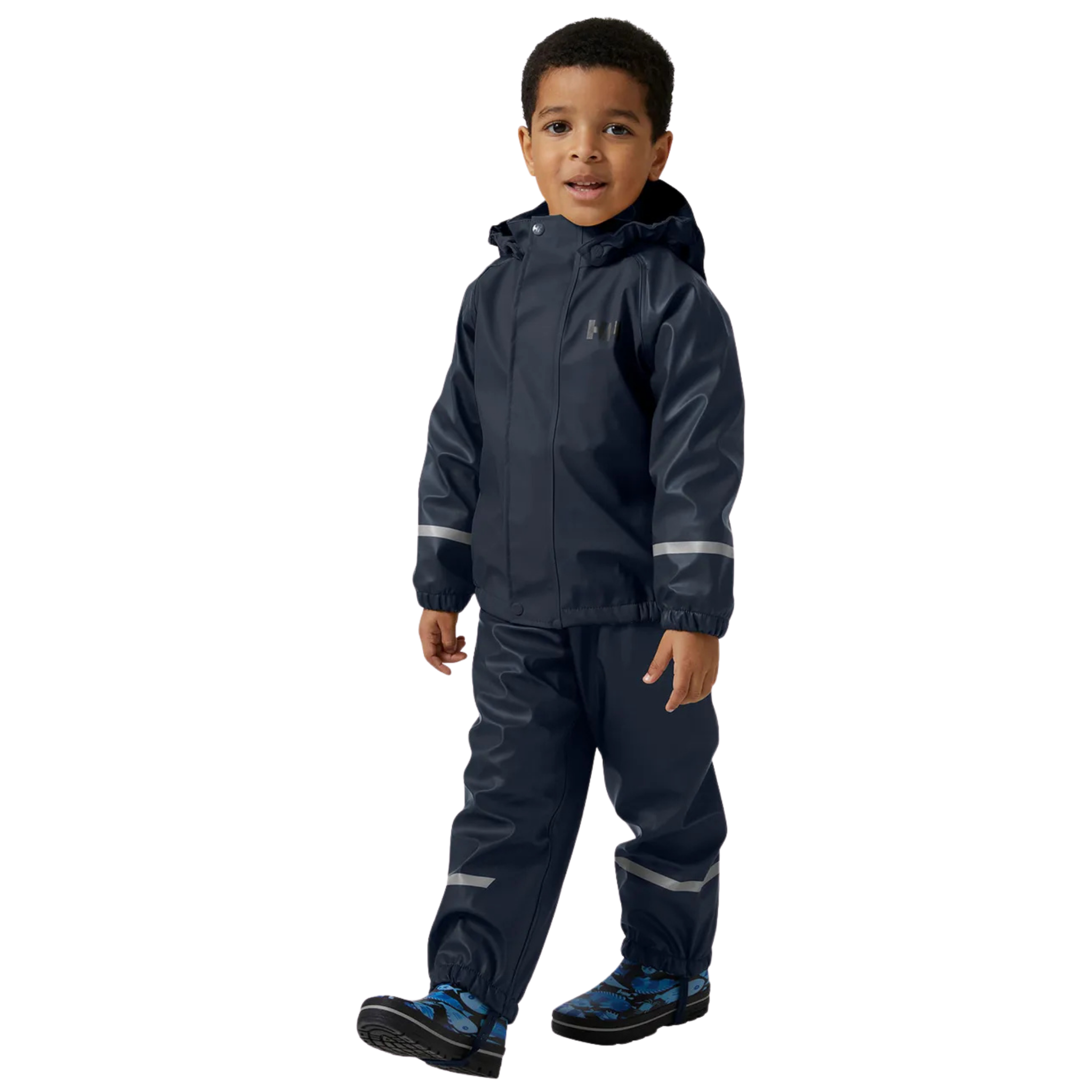 Front view of Helly Hansen Kids Bergen Fleece-Lined Rain Set 2.0 in Navy with fleece-lined jacket, bib pants and adjustable suspenders