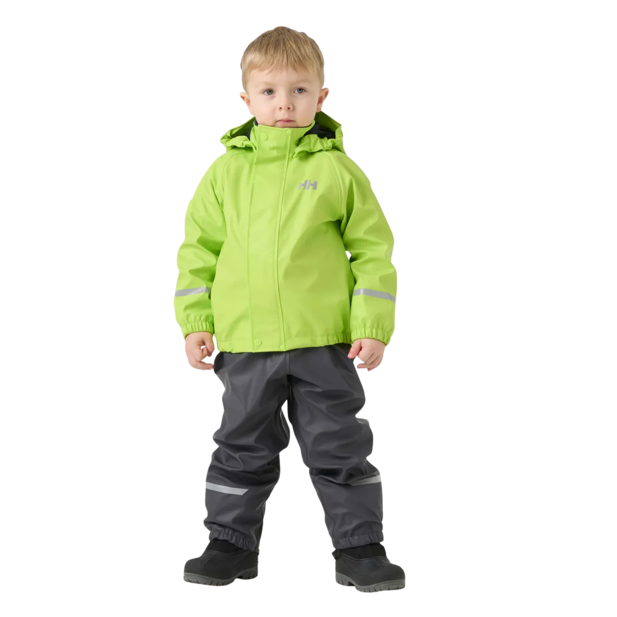 Front view of Helly Hansen Kids Bergen Fleece-Lined Rain Set 2.0 in Thunder Grey with fleece-lined jacket, bib pants and adjustable suspenders