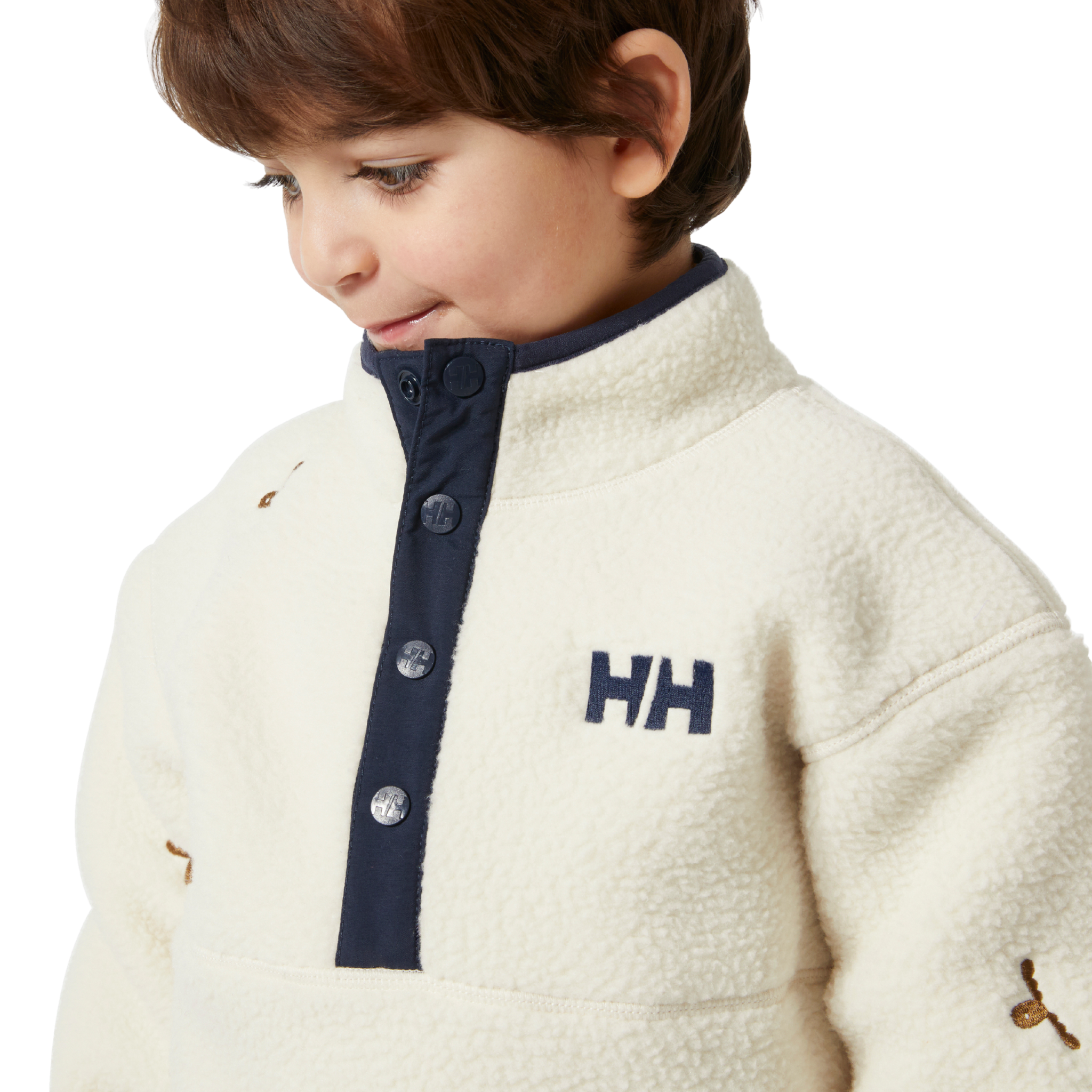 Helly Hansen Kids Frosty Fleece Sweater buttoned front placket detail for easy layering and adjustable ventilation