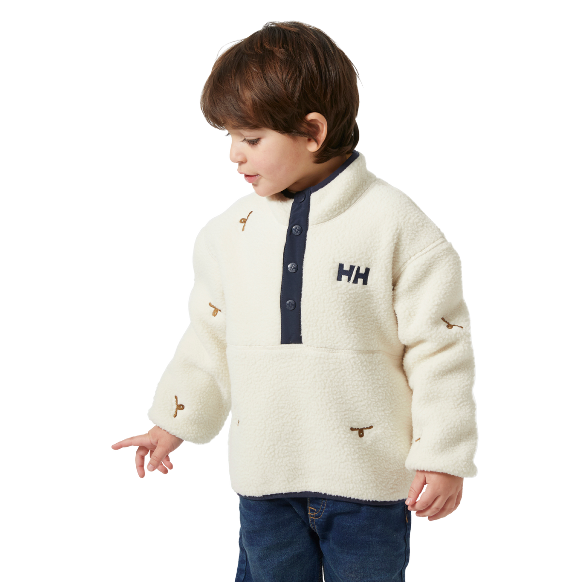 Front view of Helly Hansen Kids Frosty Fleece Sweater in Cream with breathable pile fleece, buttoned placket and elastic hem