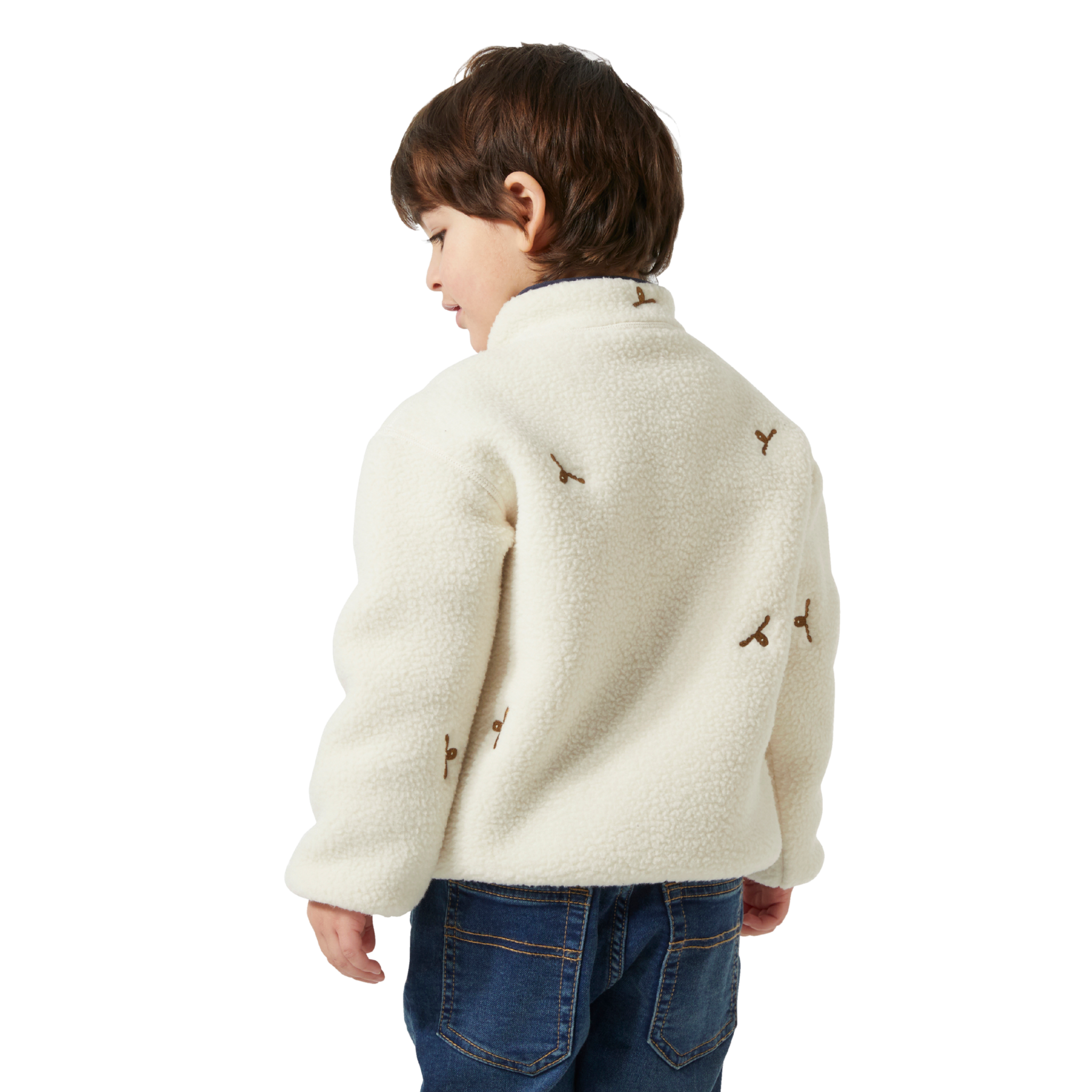 Side view of Helly Hansen Kids Frosty Fleece Sweater in Cream with breathable pile fleece and elastic cuffs and hem