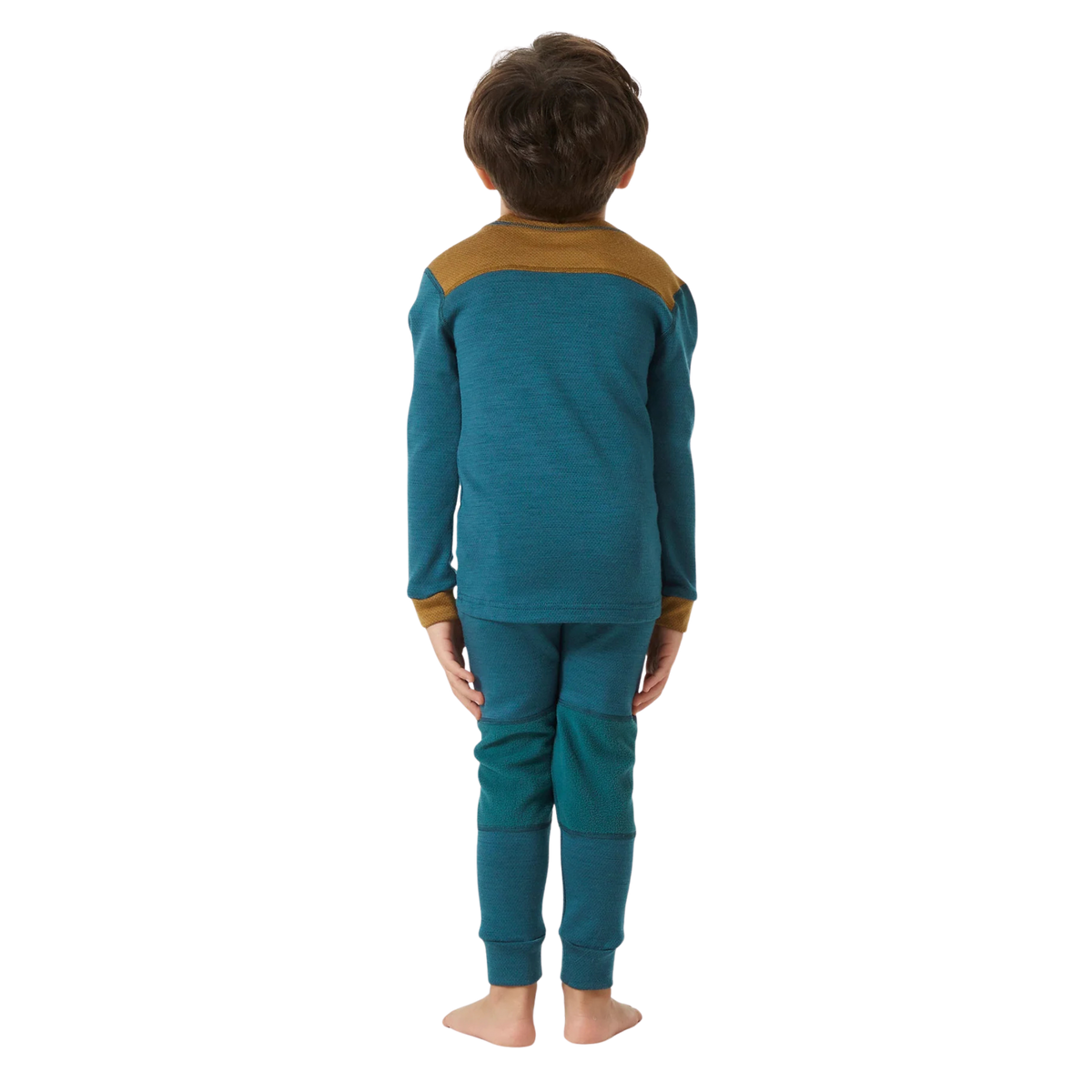 Rear View of Helly Hansen Kids Lifa Merino thermal top and bottom set in Dark Creek color with ZQ wool, LIFA technology and solution-dyed main fabric