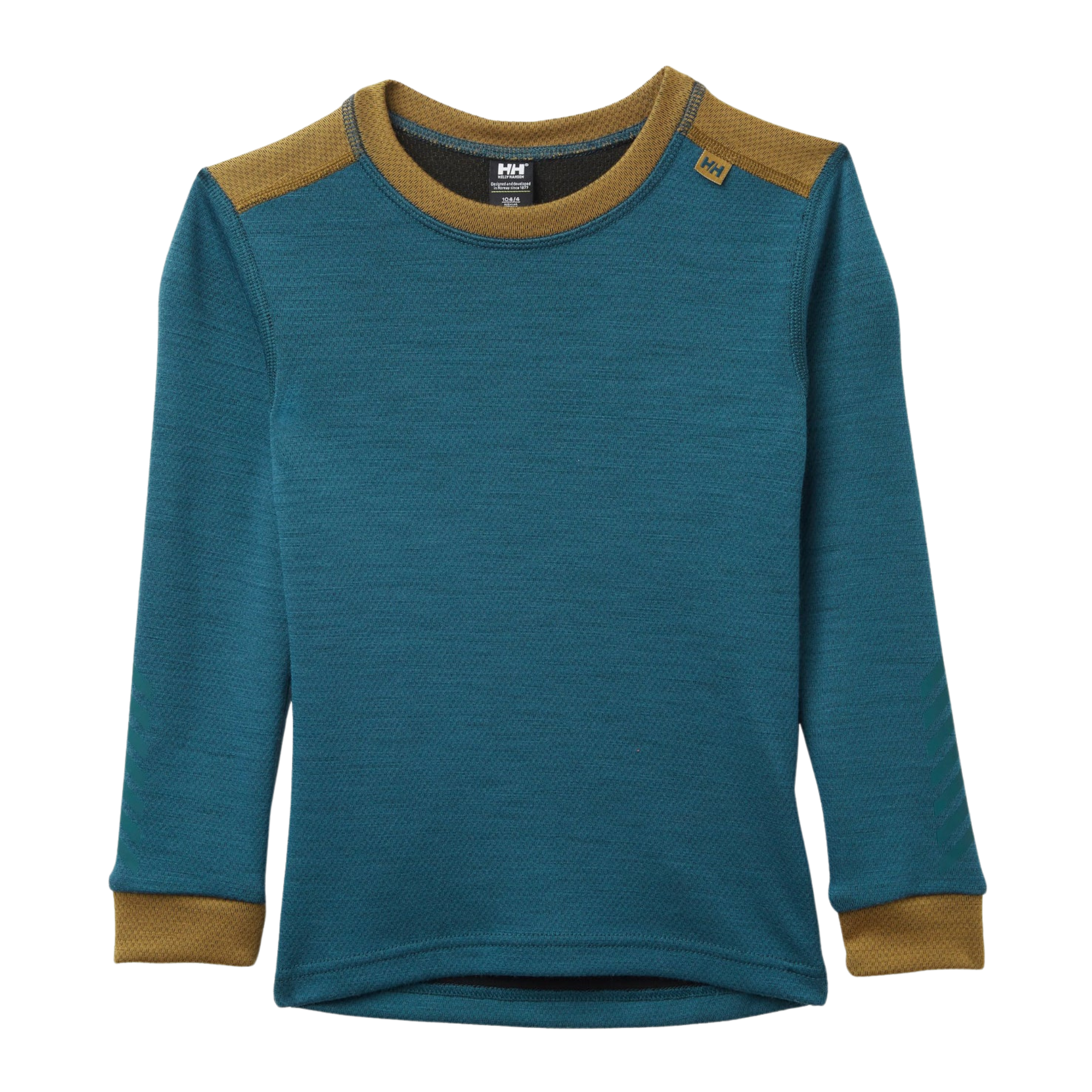 Front view of Helly Hansen Kids Lifa Merino base layer top in Dark Creek color with crew neck, flatlock seams and warm Merino wool blend construction