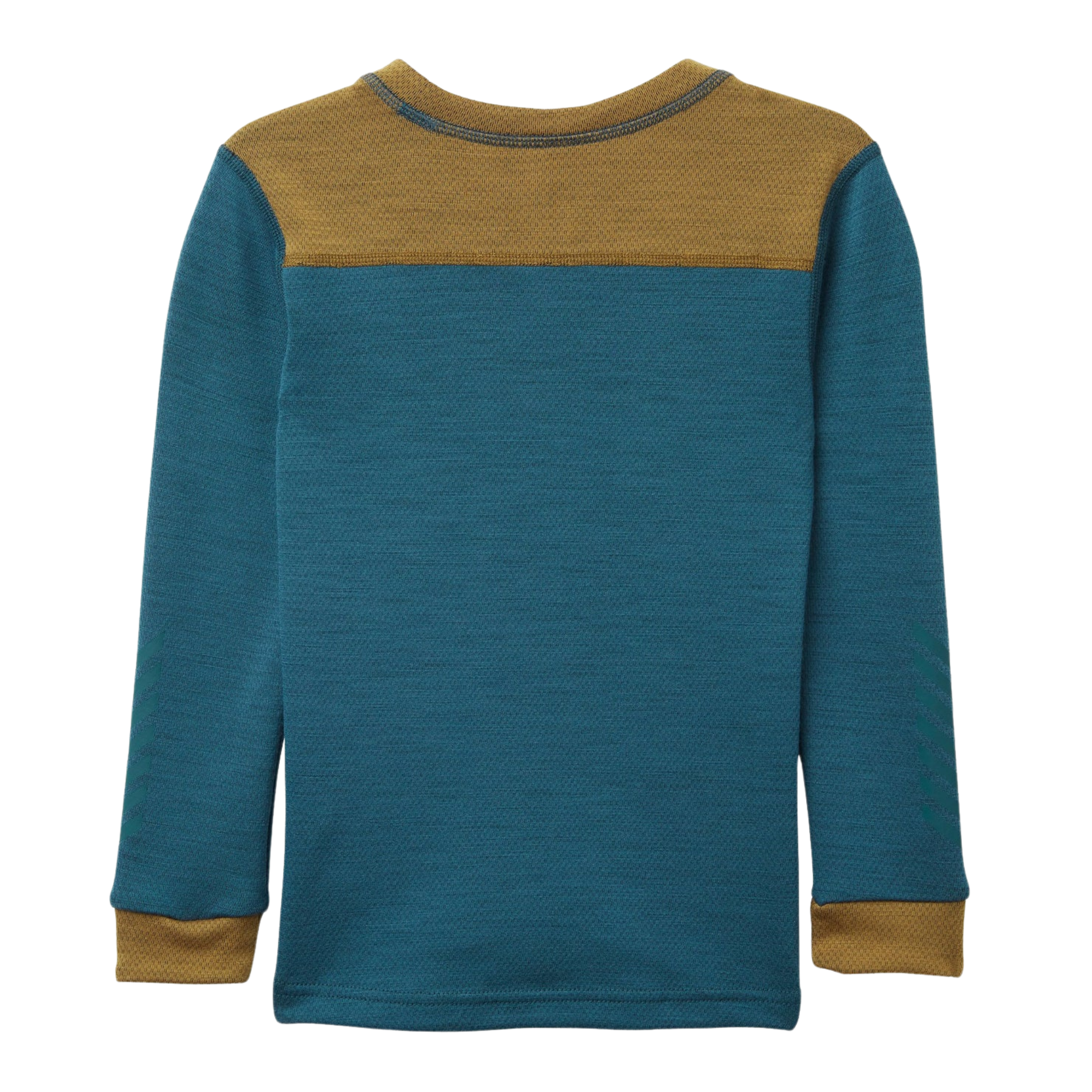 Rear view of Helly Hansen Kids Lifa Merino base layer top in Dark Creek color with tail-drop design for added coverage under winter outerwear
