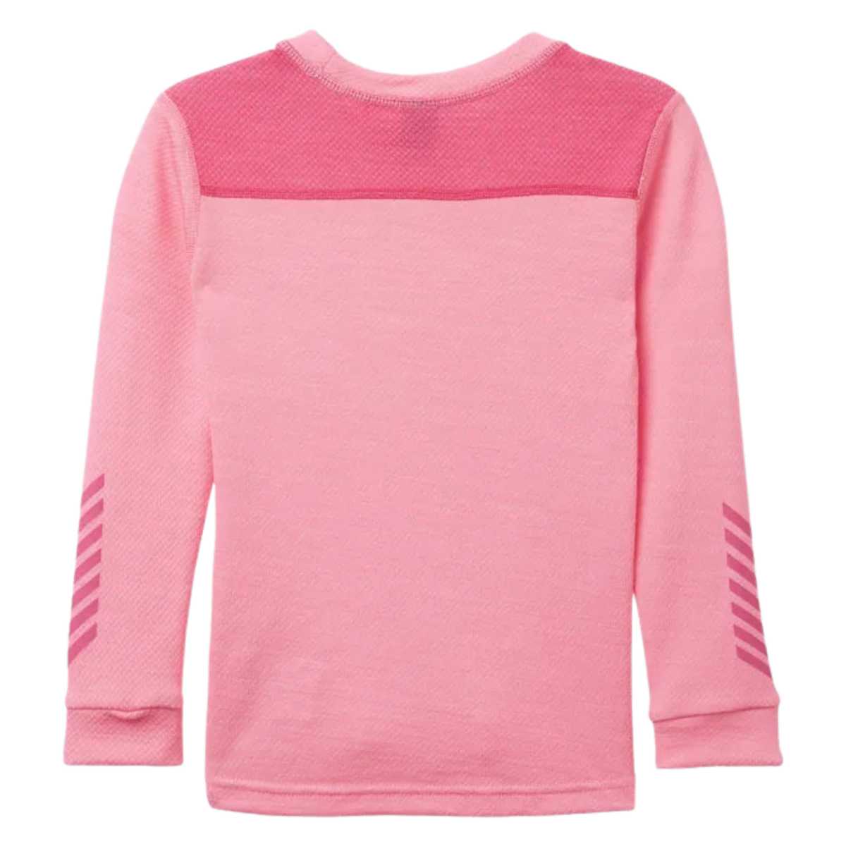 Rear view of Helly Hansen Kids Lifa Merino base layer top in Dragon Fruit color with tail-drop design for added coverage under winter outerwear