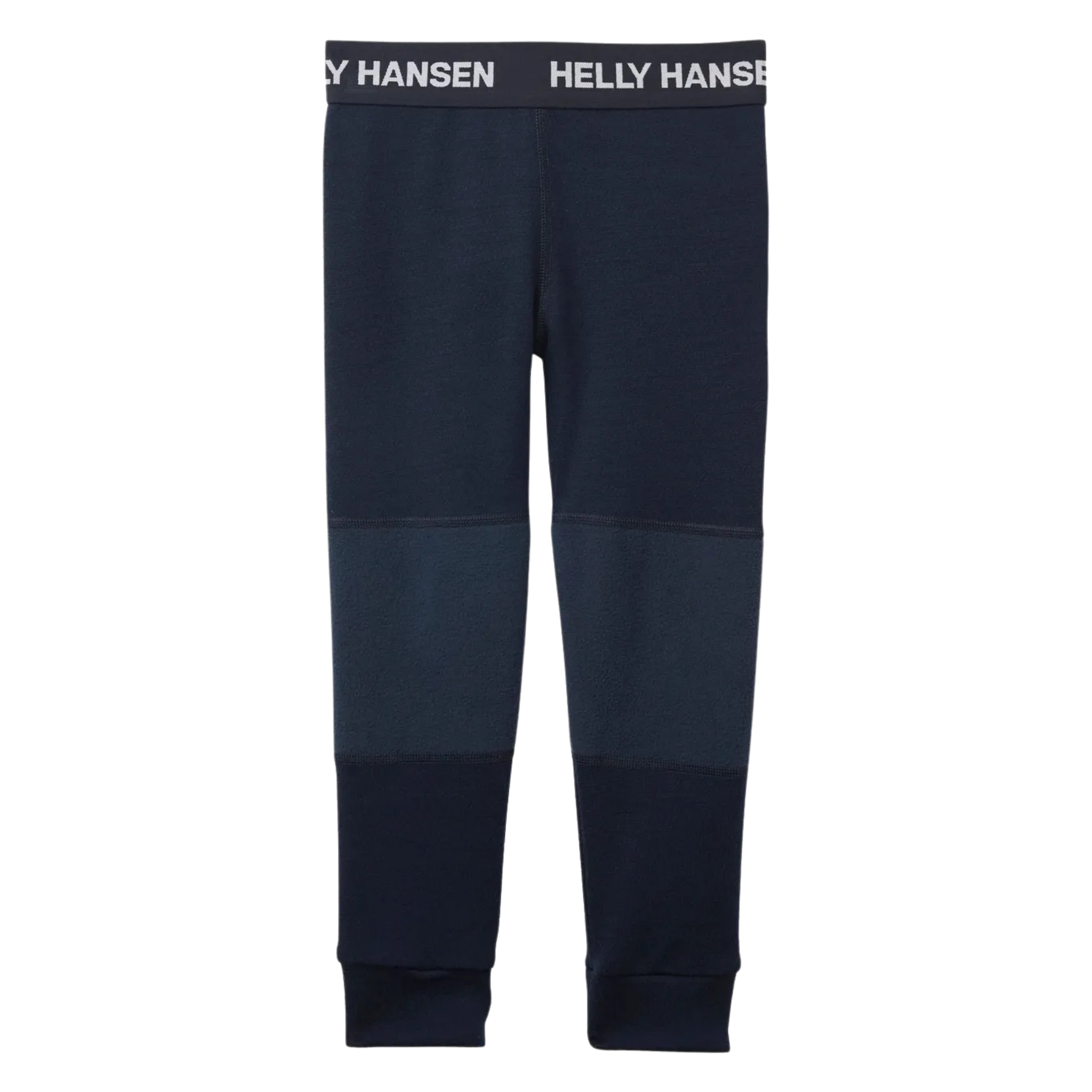 Front view of Helly Hansen Kids Lifa Merino base layer bottoms in Emerald color with elastic waist and warm moisture-managing construction