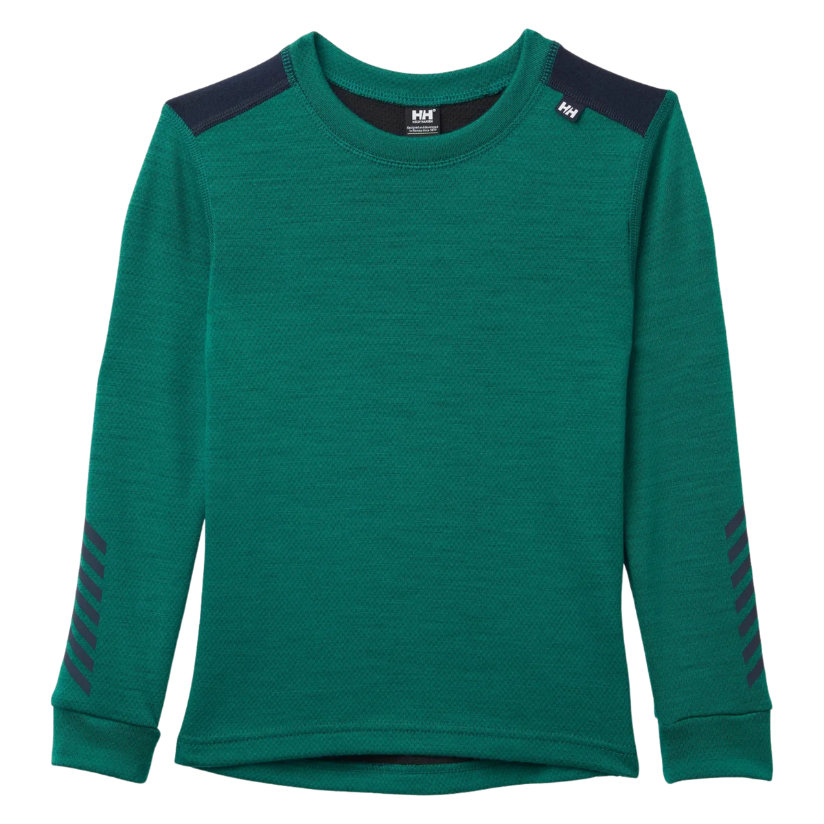 Front view of Helly Hansen Kids Lifa Merino base layer top in Emerald color with crew neck, flatlock seams and warm Merino wool blend construction
