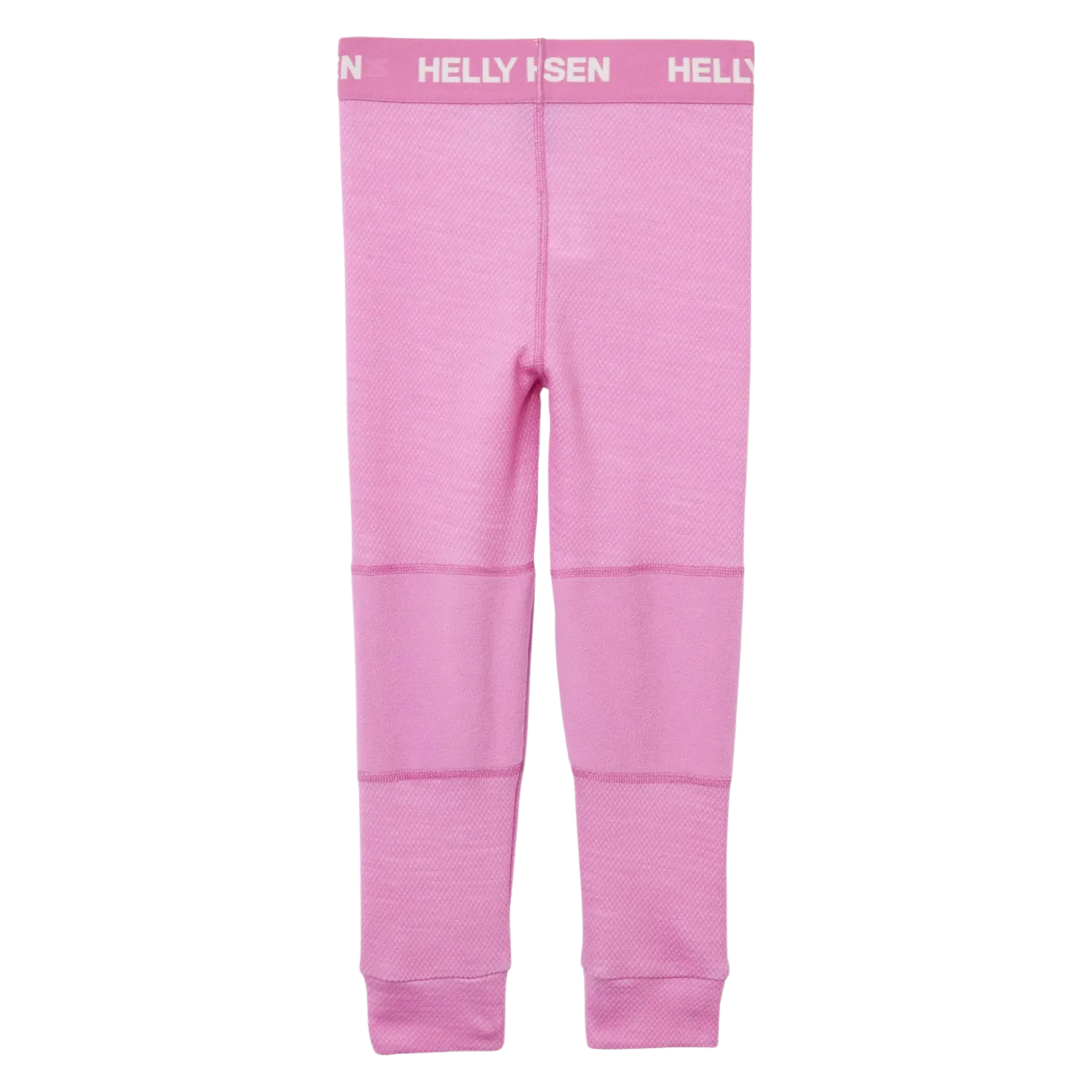 Front view of Helly Hansen Kids Lifa Merino base layer bottoms in Meta Pink with elastic waist and warm moisture-managing construction