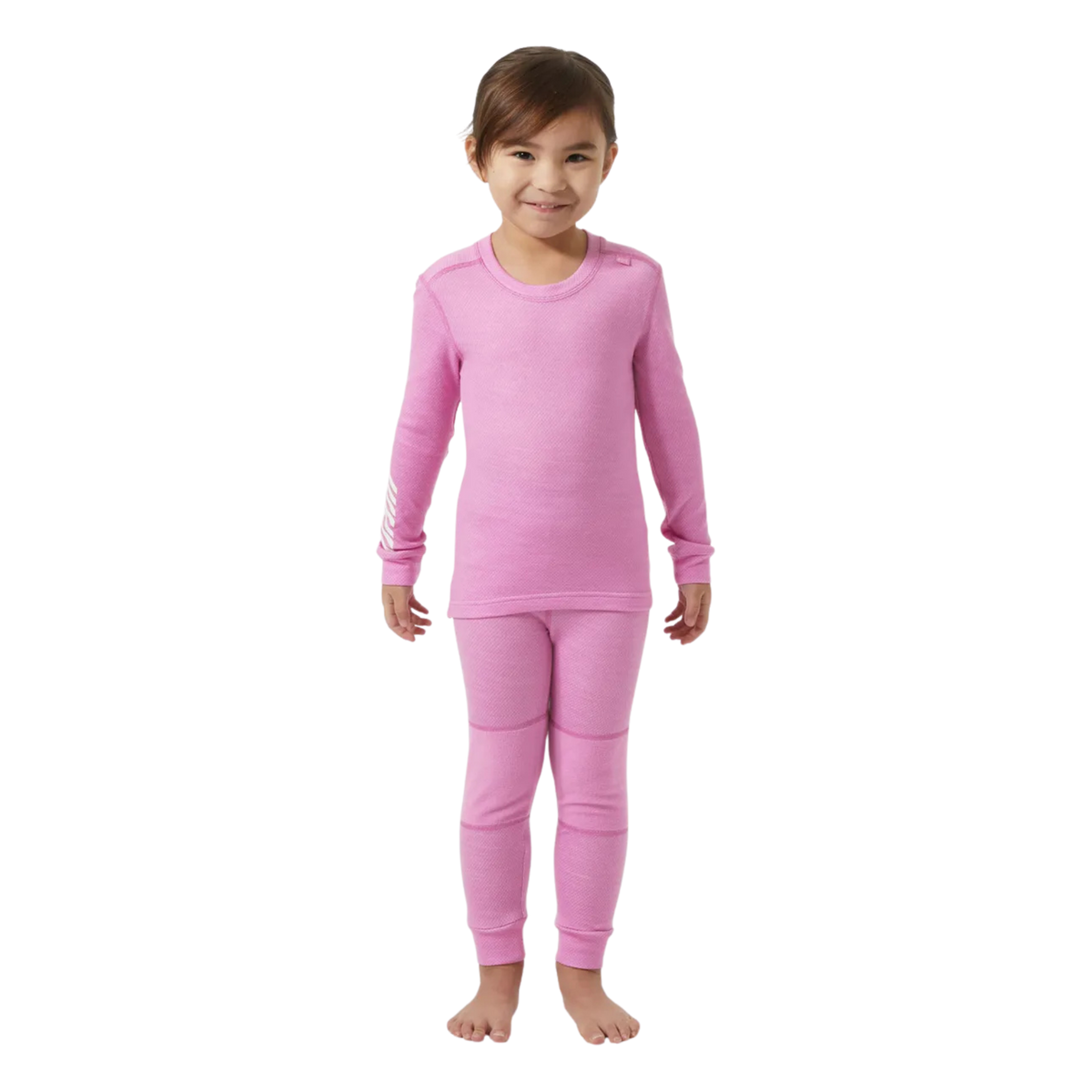 Front view of Helly Hansen Kids Lifa Merino thermal top and bottom set in Meta Pink with ZQ wool, LIFA technology and solution-dyed main fabric