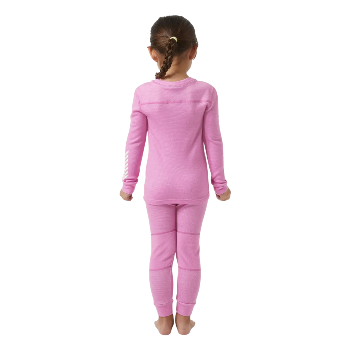 Rear view of Helly Hansen Kids Lifa Merino thermal top and bottom set in Meta Pink with ZQ wool, LIFA technology and solution-dyed main fabric