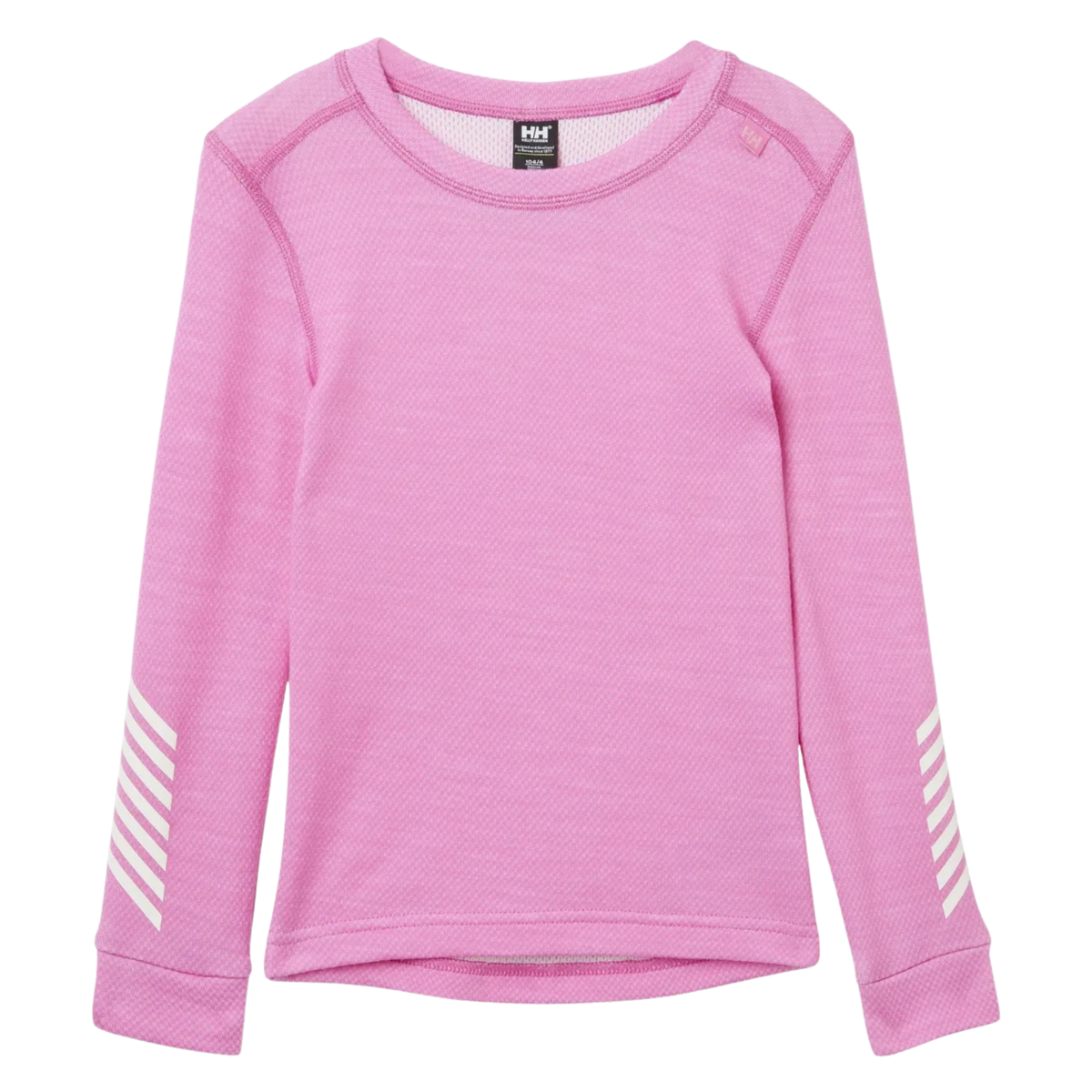 Front view of Helly Hansen Kids Lifa Merino base layer top in Meta Pink with crew neck, flatlock seams and warm Merino wool blend construction