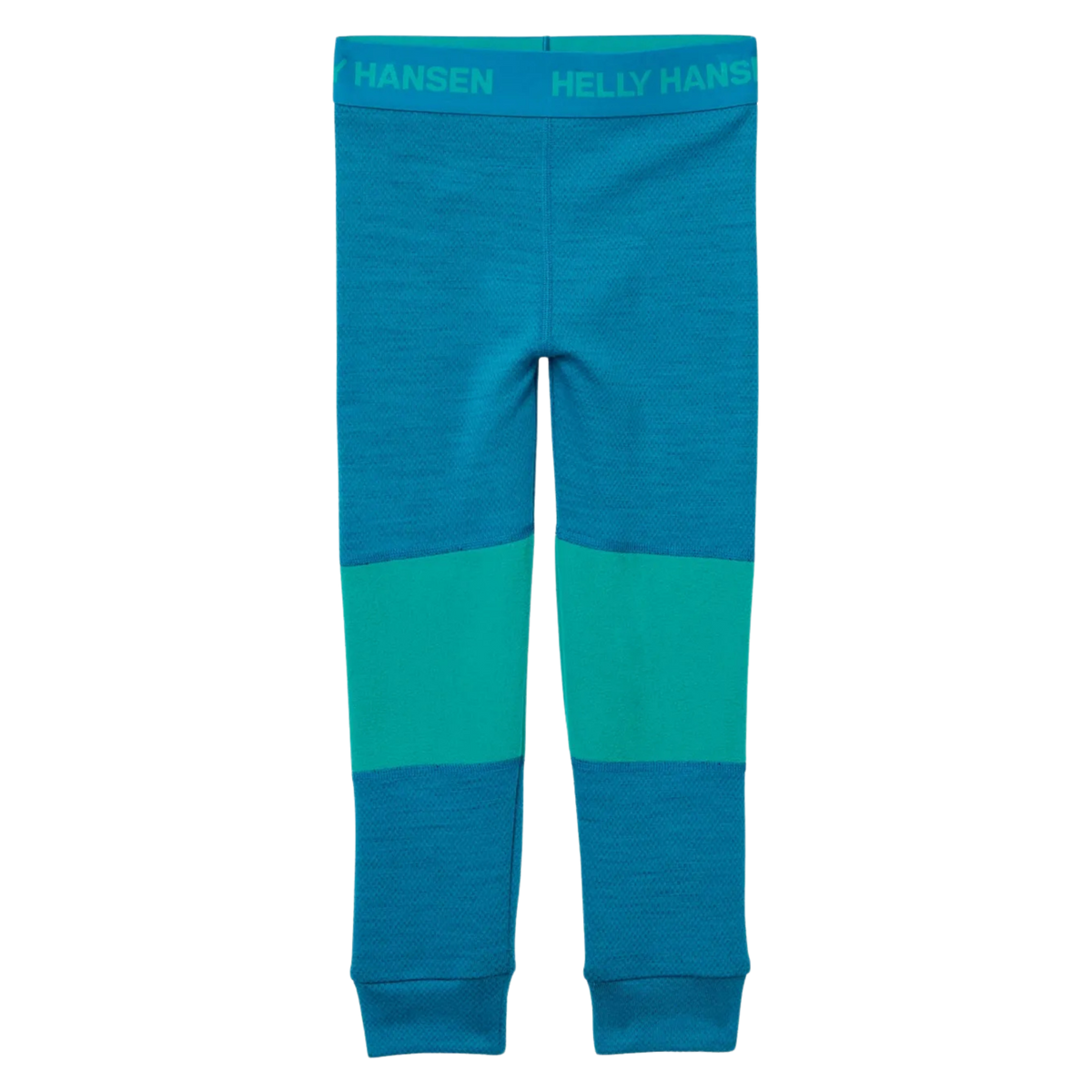 Front view of Helly Hansen Kids Lifa Merino base layer bottoms in Signal Green with elastic waist and warm moisture-managing construction