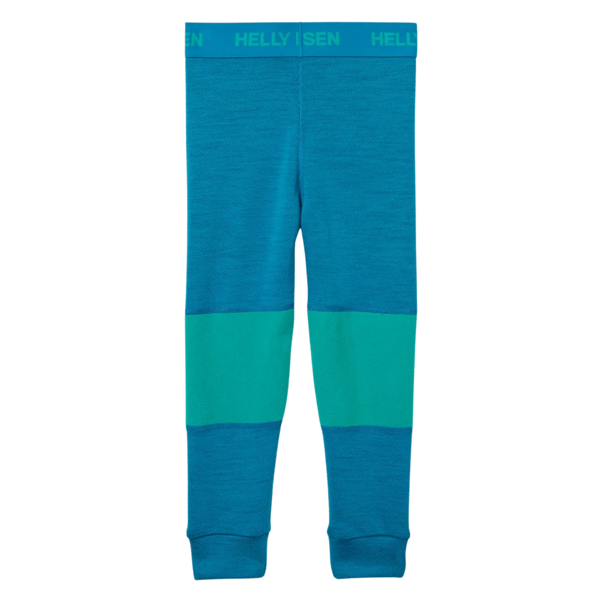 Rear view of Helly Hansen Kids Lifa Merino thermal bottoms in Signal Green with comfortable next-to-skin fit for cold-weather layering
