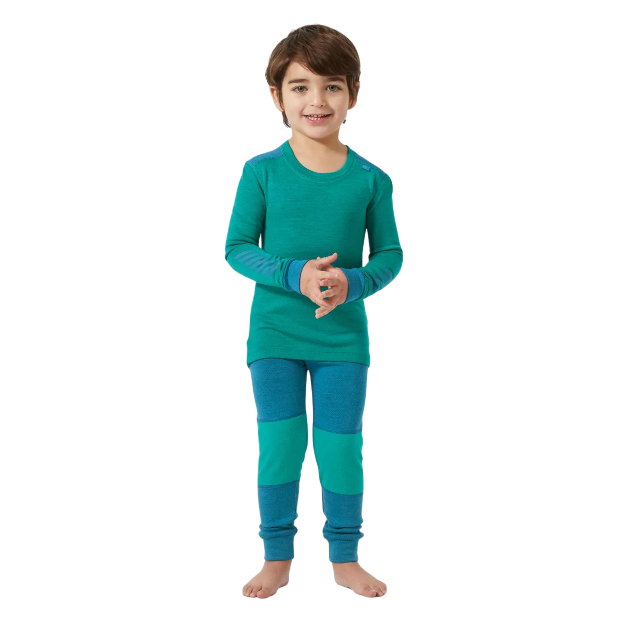 Front view of Helly Hansen Kids Lifa Merino thermal top and bottom set in Signal Green with ZQ wool, LIFA technology and solution-dyed main fabric