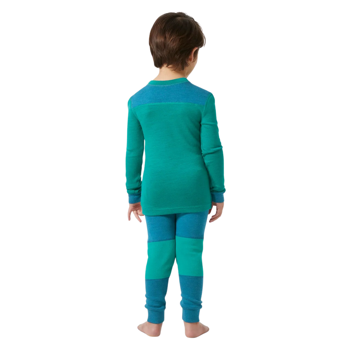 Rear view of Helly Hansen Kids Lifa Merino thermal top and bottom set in Signal Green with ZQ wool, LIFA technology and solution-dyed main fabric