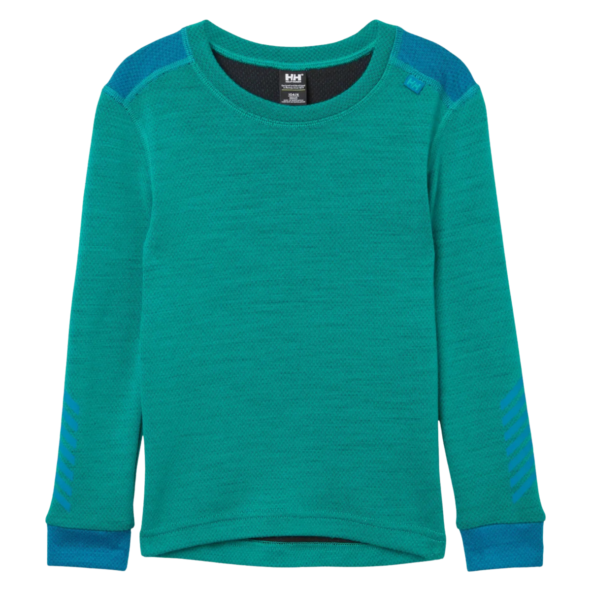 Front view of Helly Hansen Kids Lifa Merino base layer top in Signal Green with crew neck, flatlock seams and warm Merino wool blend construction