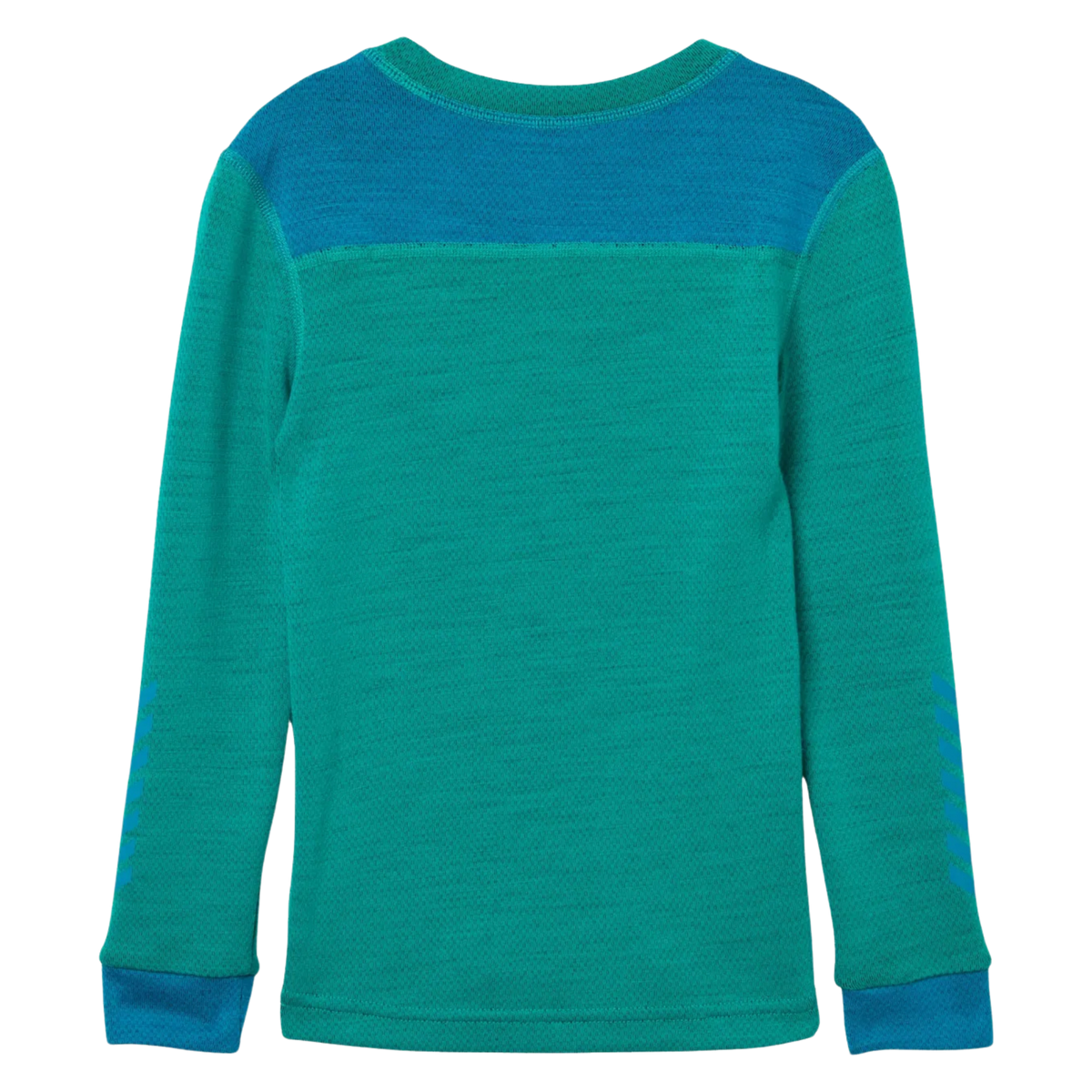 Rear view of Helly Hansen Kids Lifa Merino base layer top in Signal Green with tail-drop design for added coverage under winter outerwear